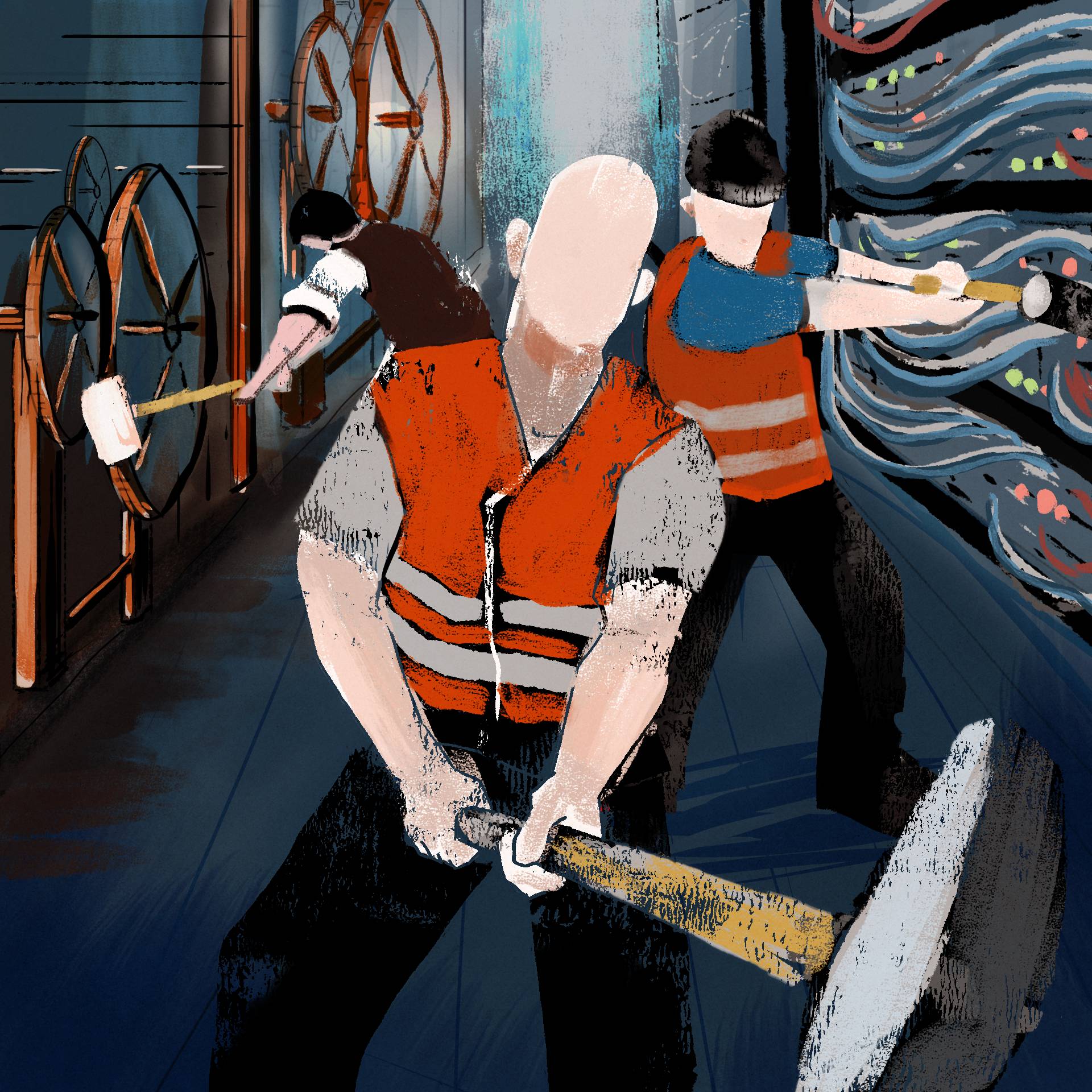 Ilustracja - robotnicy z ciężkimi narzędziami niszczący maszyny - na pierwszym planie dwóch w roboczych kamizelkach odblaskowych, jeden z nich uderza w szafkę pełną serwerów, w tle widać XIX-wiecznego robotnika uderzającego w krosno tkackie młotem