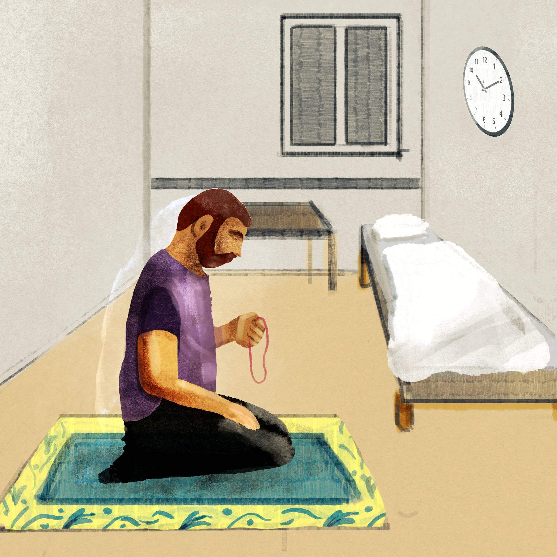 Ilustracja - mężczyzna modli się na dywaniku modlitewnym, w małym szarym pokoju z łóżkiem, stołem i zegarem