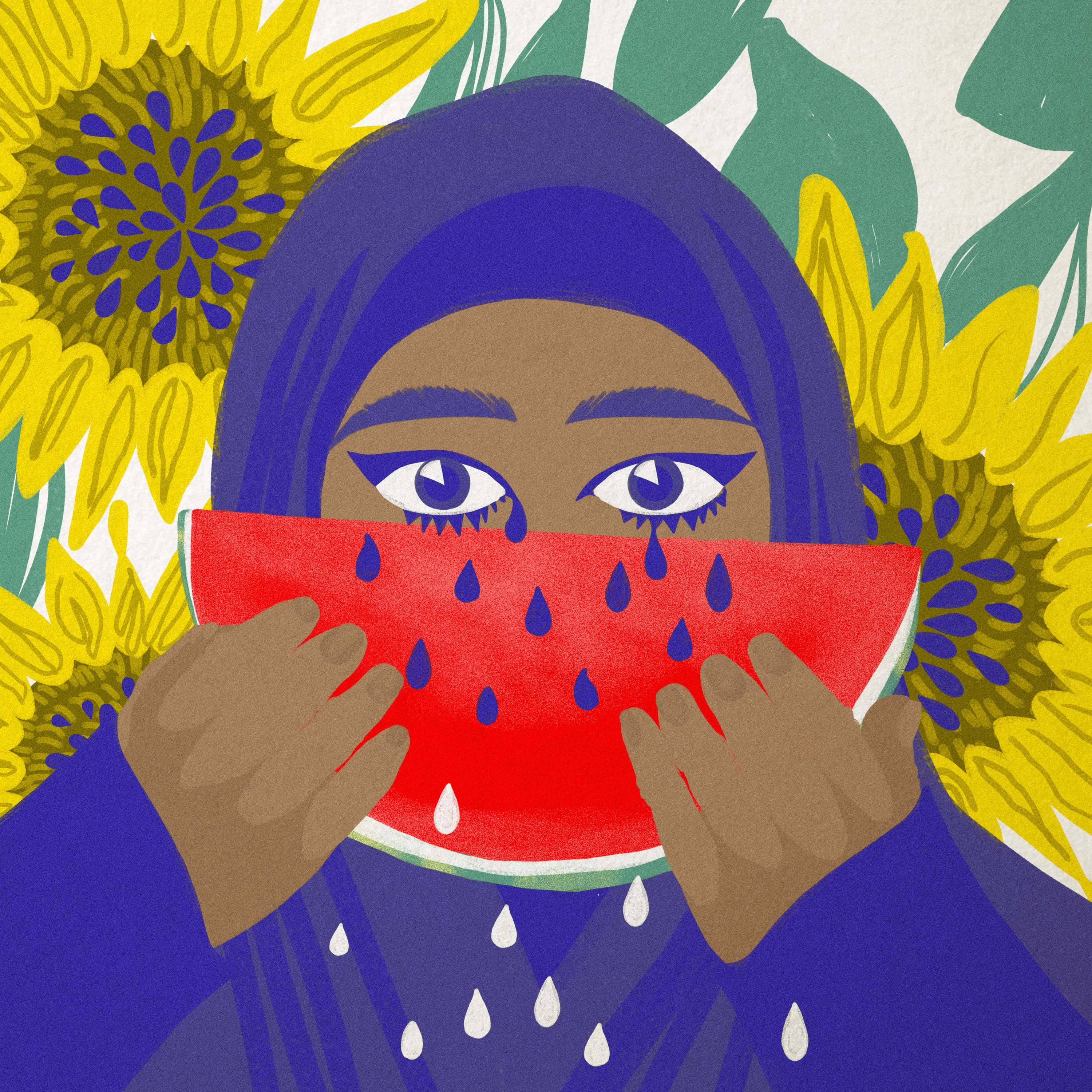 Rysunek przedstawia kobietę, która zasłania twarz połówką arbuza. Czarne pestki arbuza wyglądają jak jej łzy
