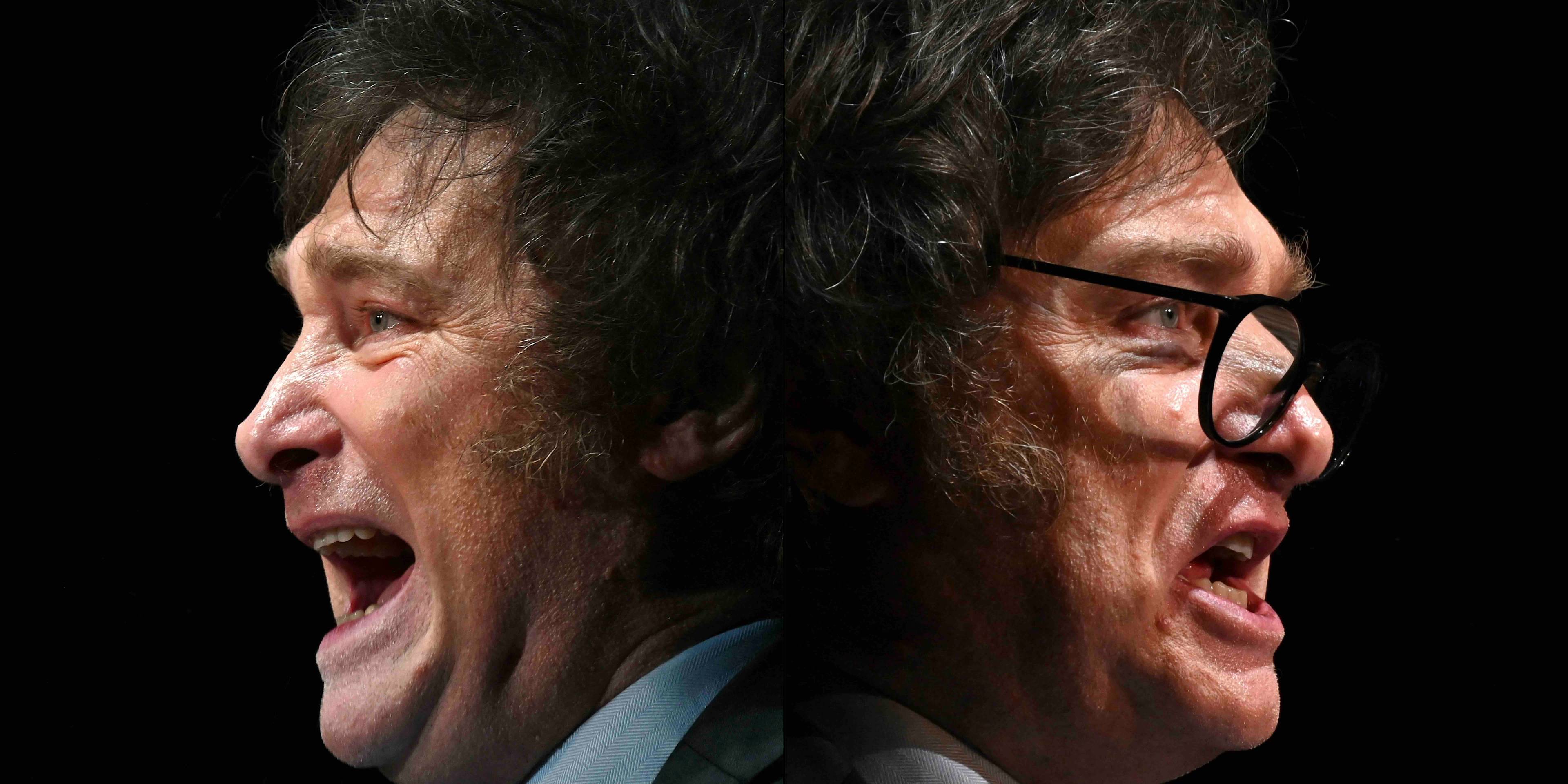 Dwa połączone zdjęcia Javiera Milei, przemawiającego na wiecu.