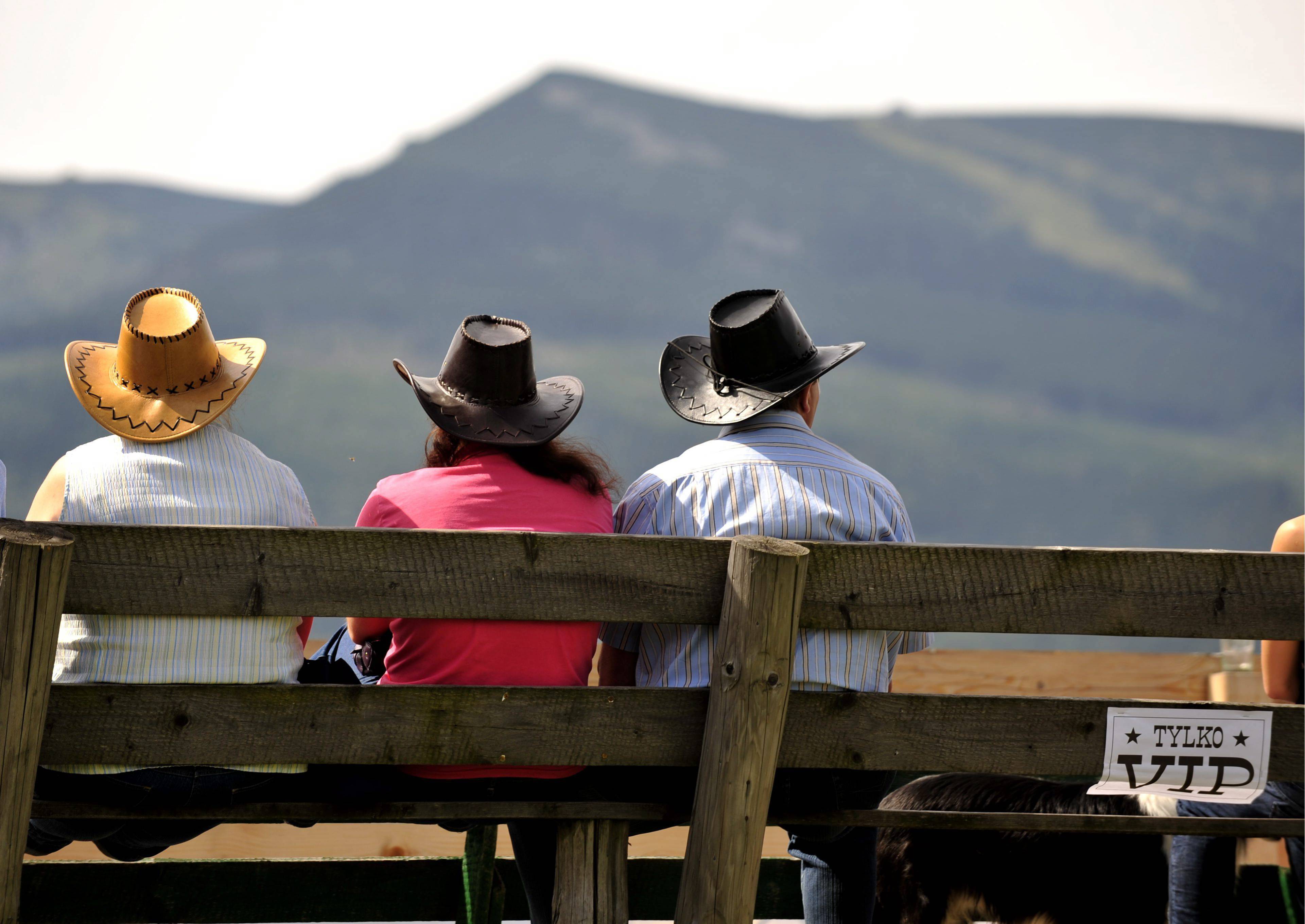 trzej mężczyźni w kowbojskich kapeluszach siedzący na ławce, widziani od tyłu
