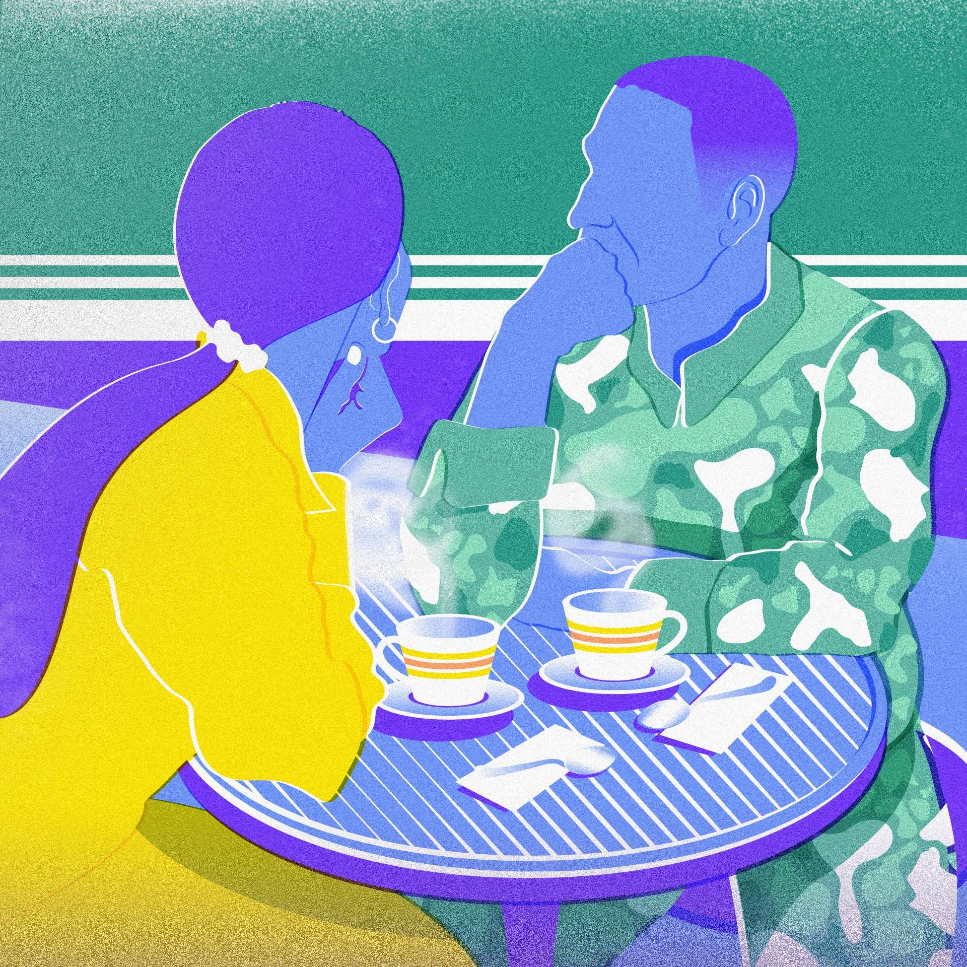 Ilustracja przedstawiająca mężczyznę w wojskowym uniformie i kobietę siedzących przy stoliku, na którym stoją dwie filiżanki kawy. Wojna w Ukrainie