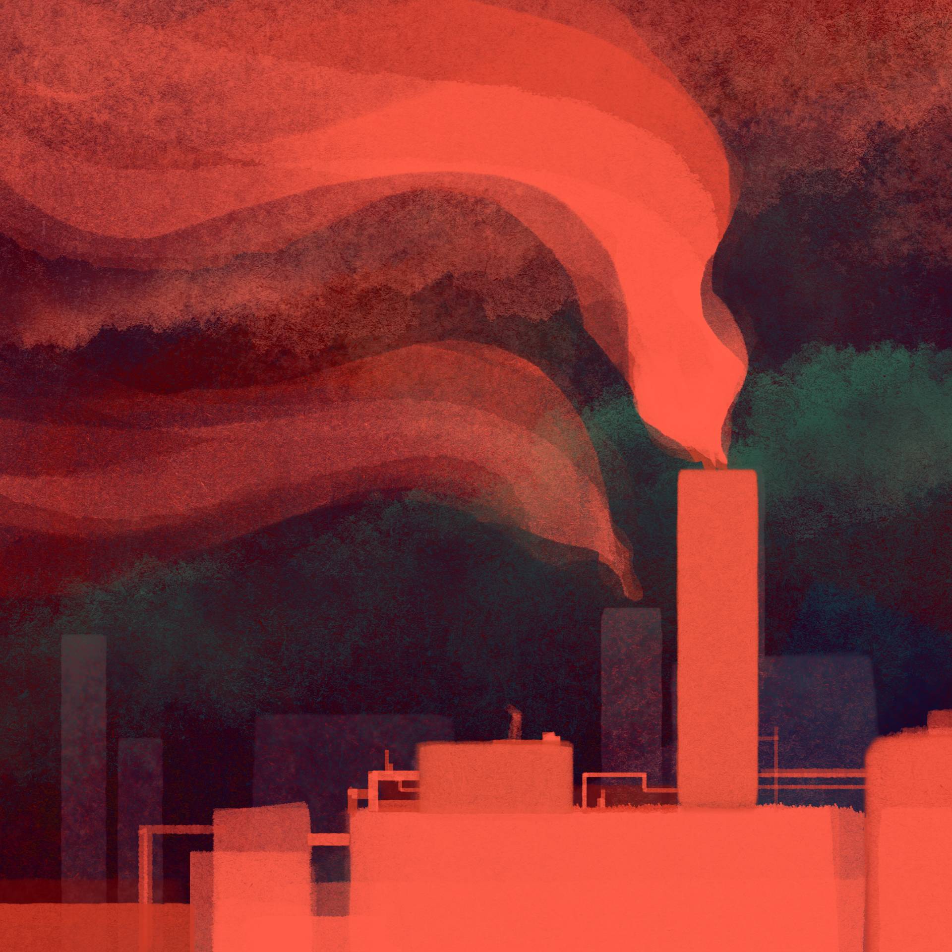 Rysunek przedstawia zarys dymiących kominów fabrycznych