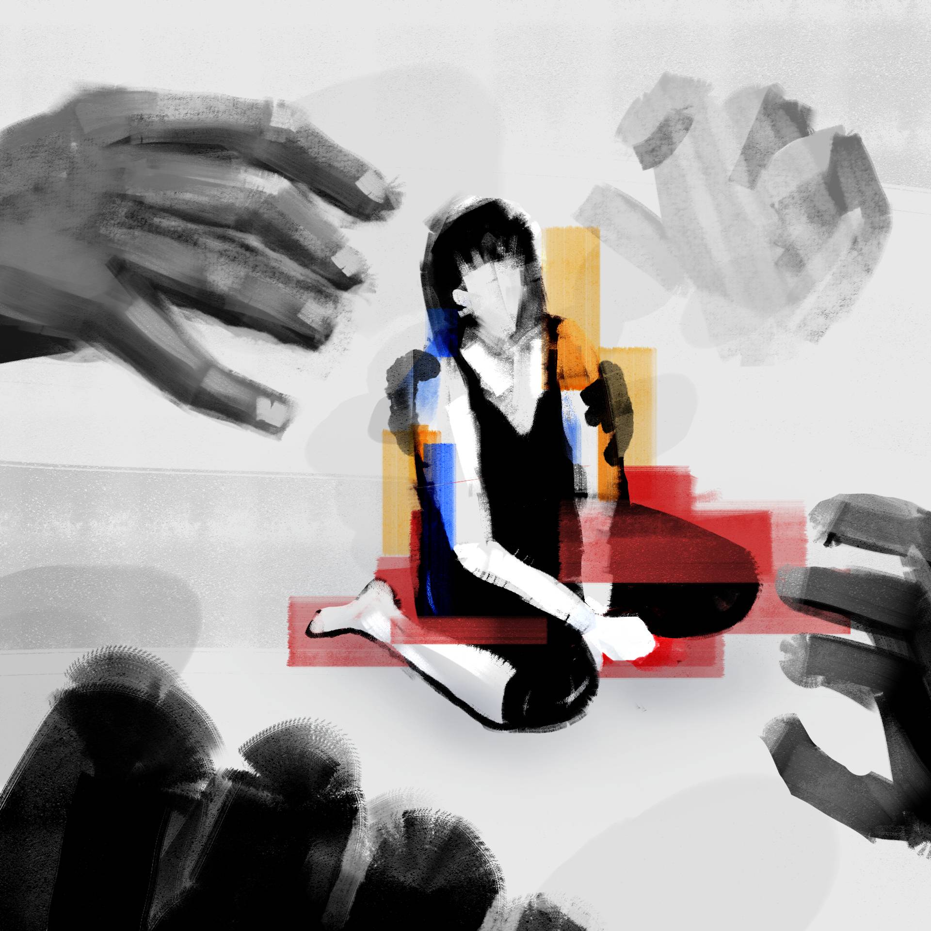 Ilustracja - postać kobiety w centrum kadru, siedzącej na ziemi w poczuciu bezradności, nałożone są na nią prostokąty kolorów, w tym czerwonego; dookoła postaci kobiety znajdują się ręce sięgające w jej stronę. Gwałty Hamasu