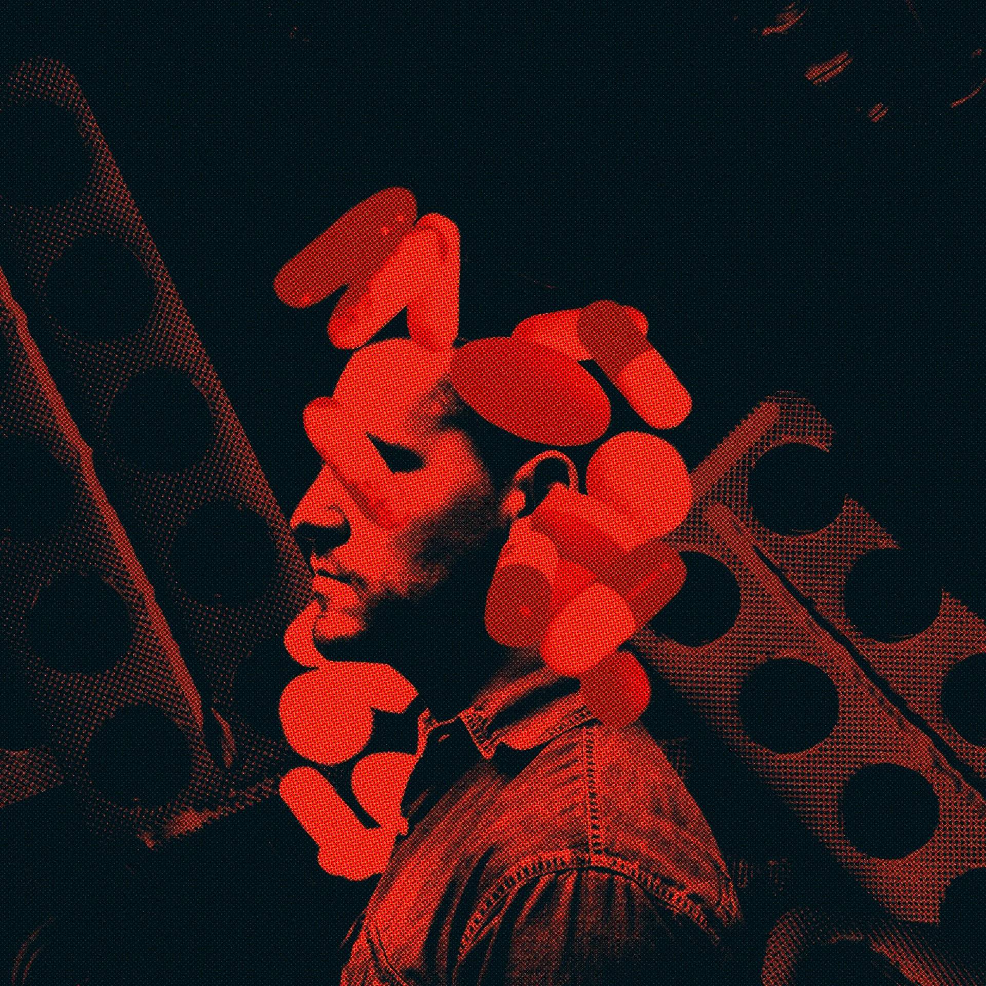 Ilustracja przedstawiająca profil mężczyzny, otoczony czerwonymi tabletkami. ADHD