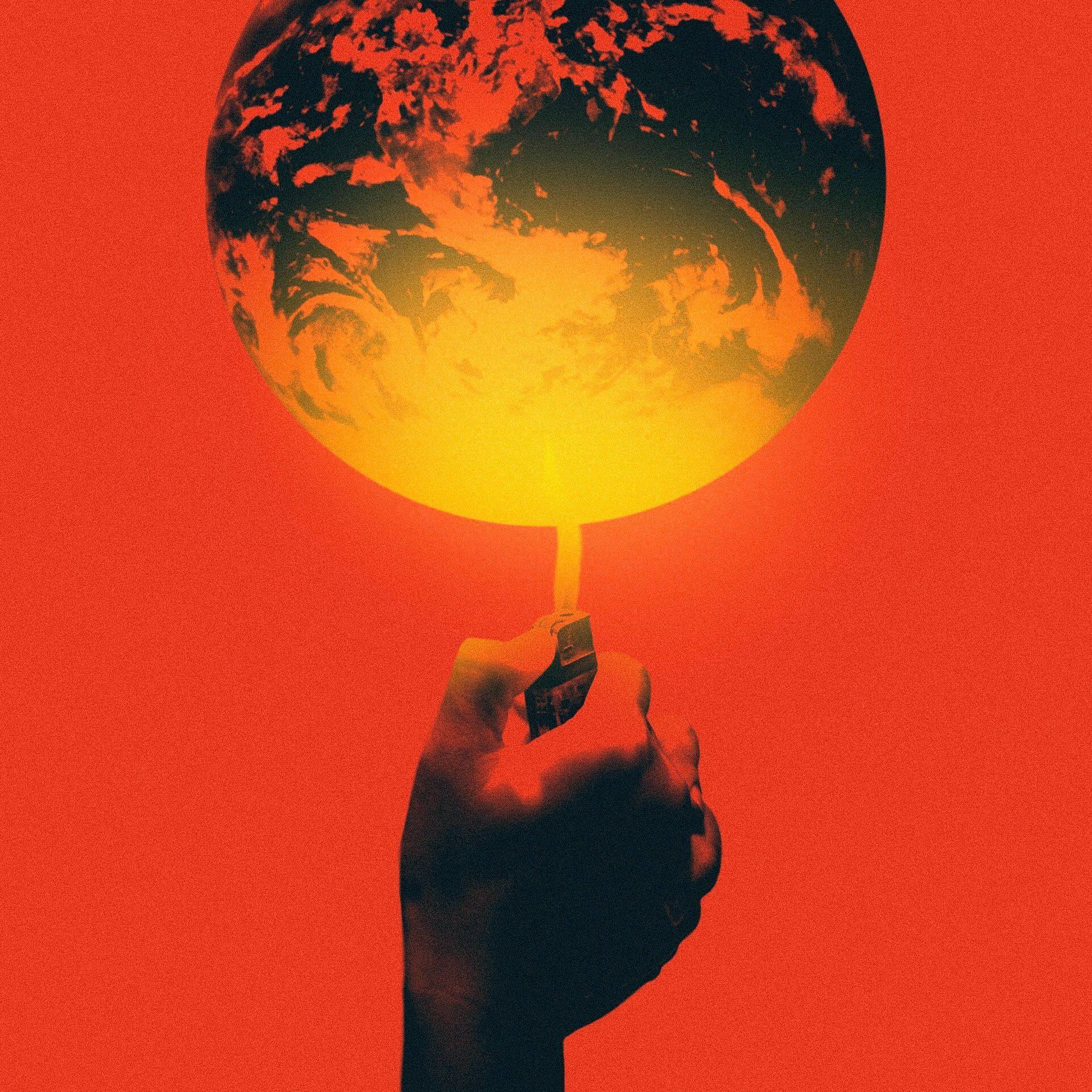 Ilustracja przedstawia glob ziemski na czerwonym tle i rkę z zapalniczką, której płomień podgrzewa glob