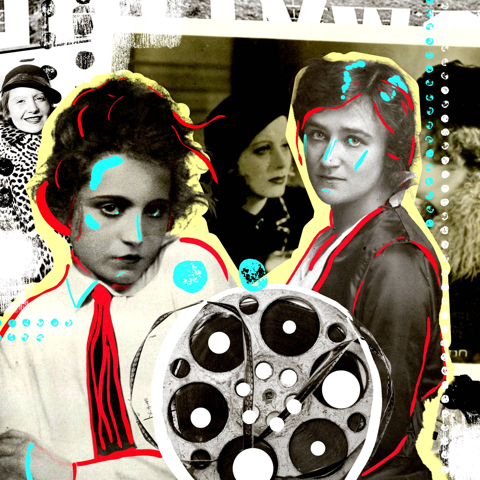 Kolaż przedstawiający młode kobiety z lat 20. XX wieku i taśmę filmową. Hollywood