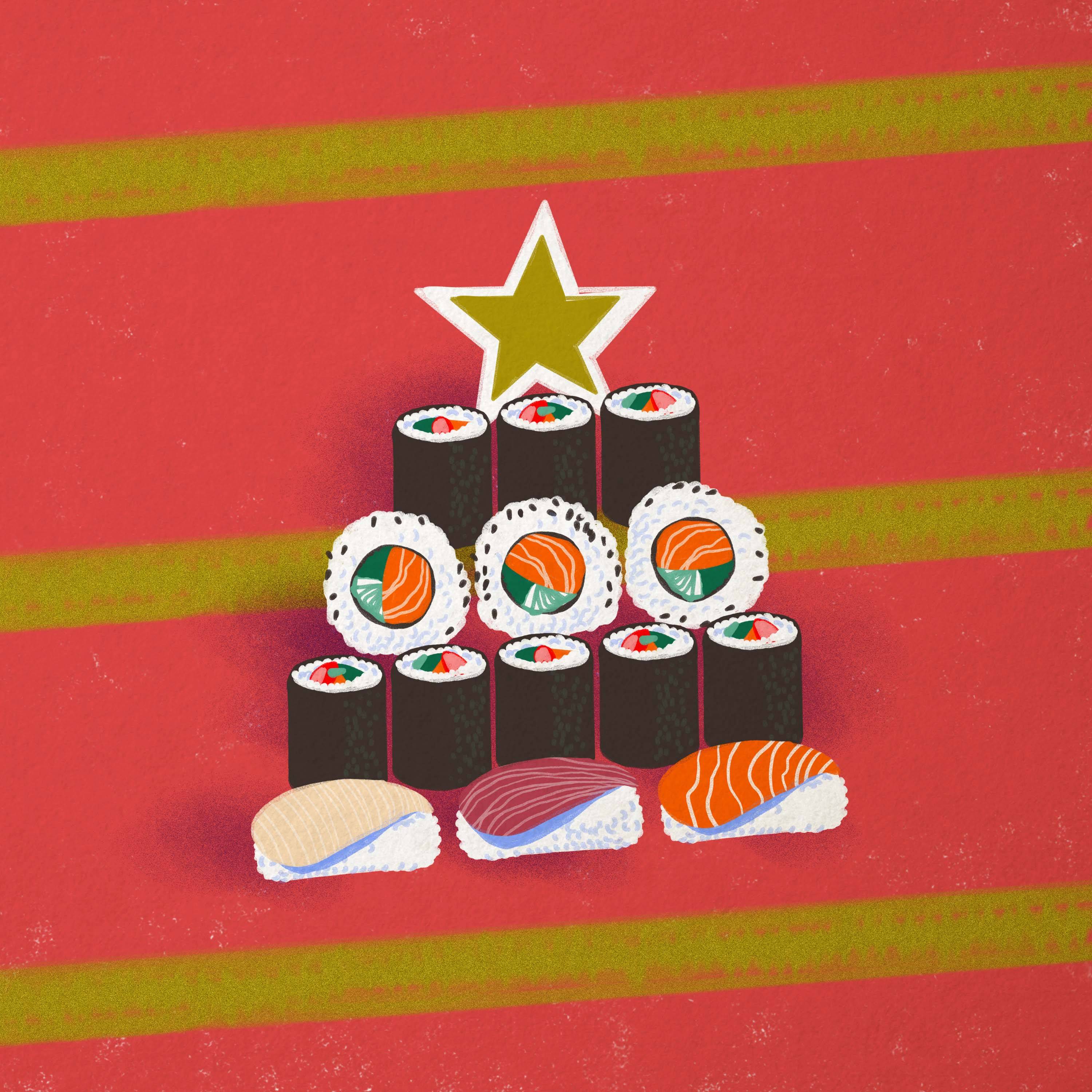 Ilustracja przedstawiająca piramidę s sushi i sahimi na tle czerwonego świątecznego papieru do prezentów z ze złotą gwiazdką. Wigilia alternatywna