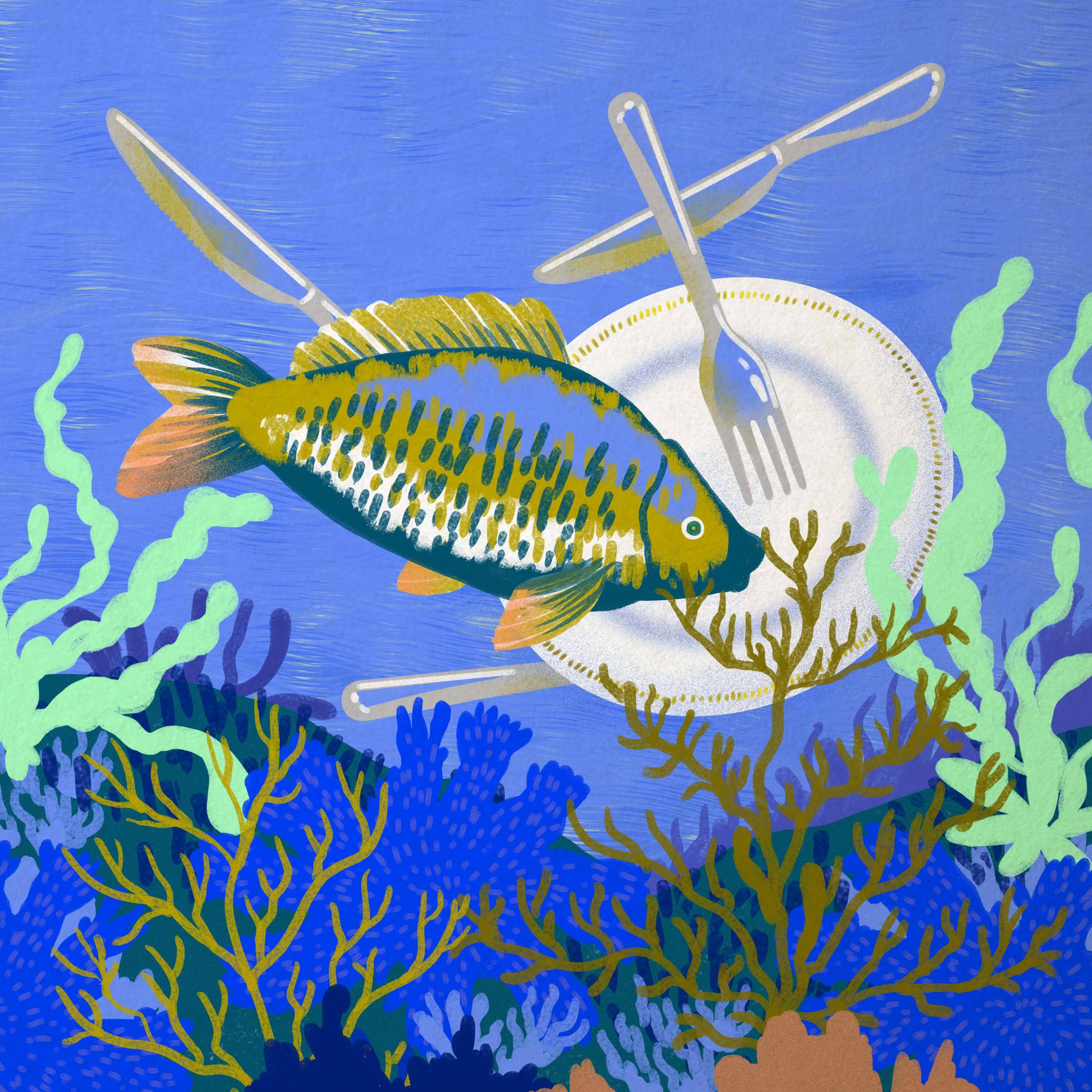 Ilustracja przedstawia rybę na tle talerza z widelcem i nożem