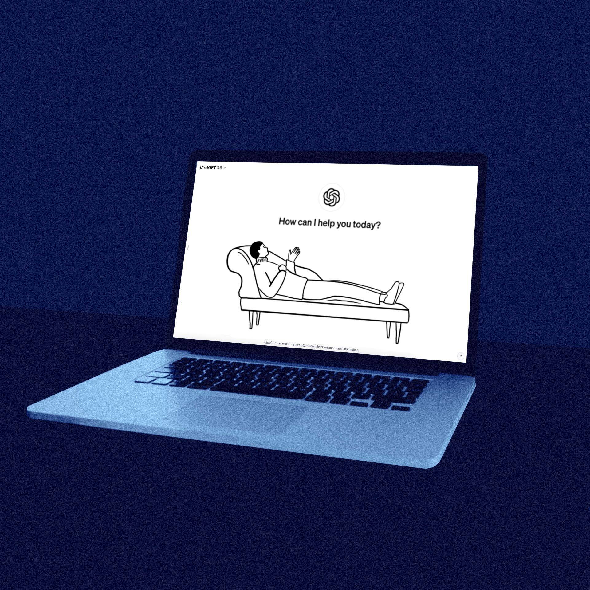 Ilustracja przedstawiająca otwarty laptop, na ekranie widać rysunek człowieka na kozetce, symbol ChatGPT oraz pytanie How can I help you today?