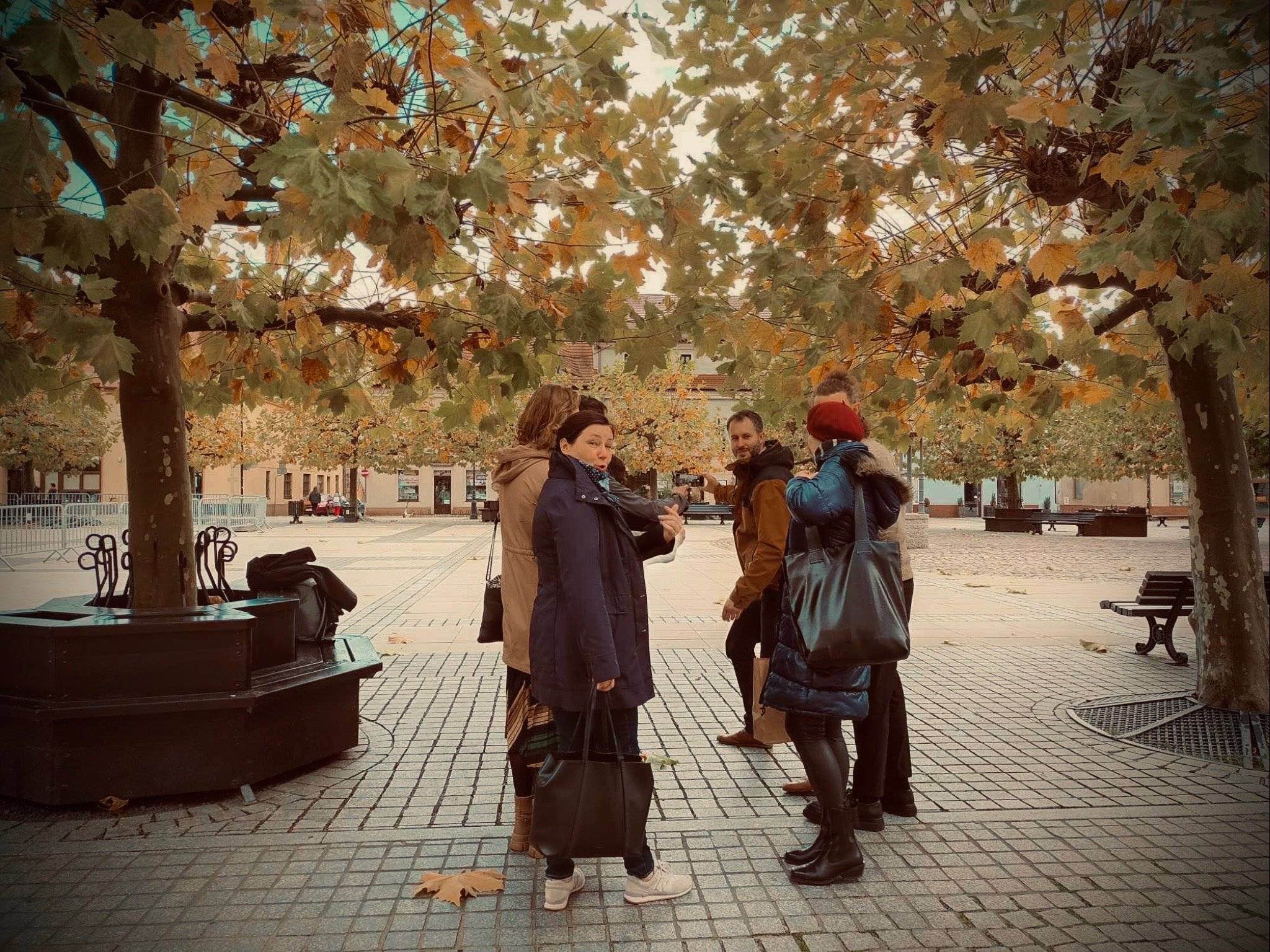 Grupa ludzi na placu pod drzewami