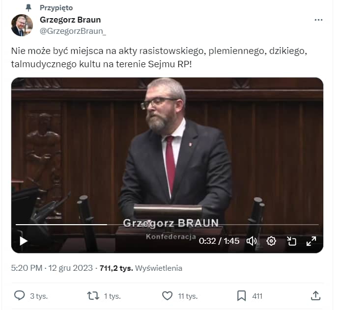 Zrzut ekranu tweeta Grzegorza Brauna