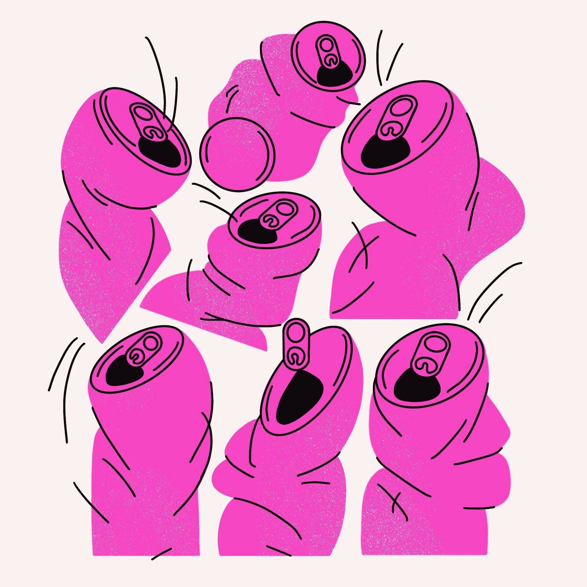ilustracja przedstawia siedem pokrzywionych aluminiowych puszek po napojach, wszystkie w kolorze różowym