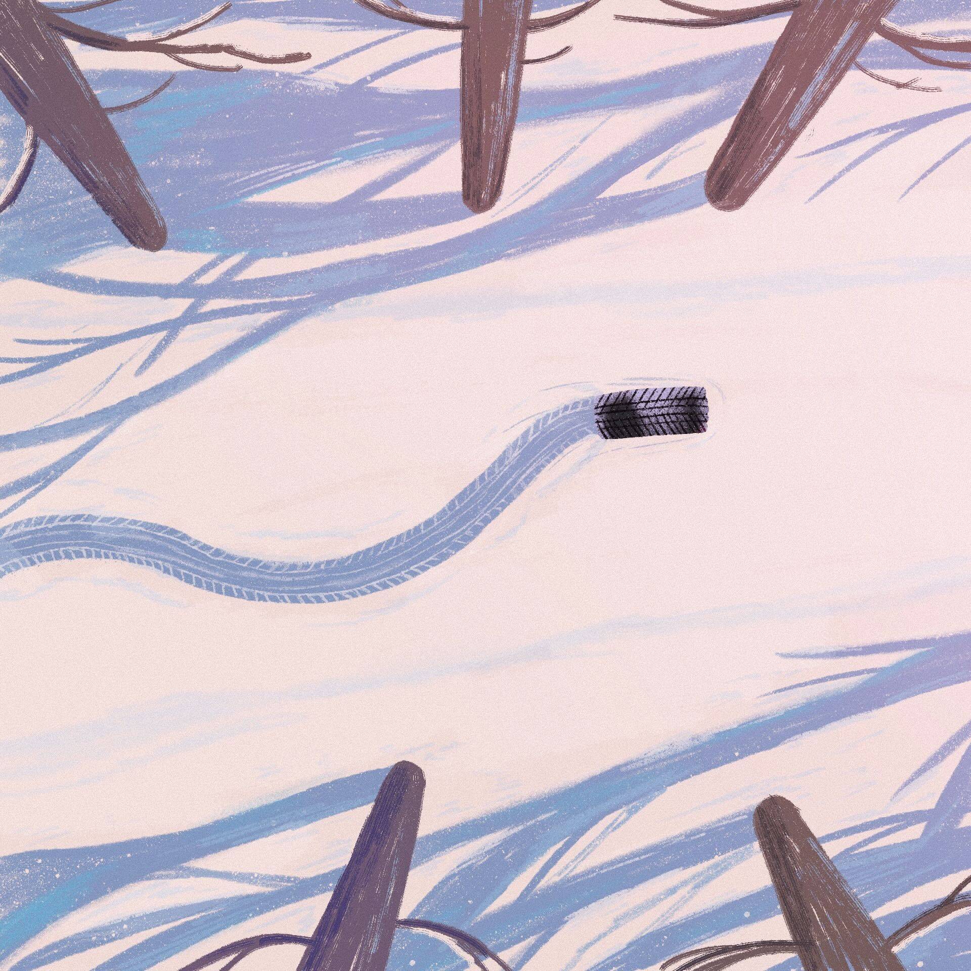 Rysunek prtzedstawia zasypany śniegiem las i toczące sie po śniego czarne koło samochodowe