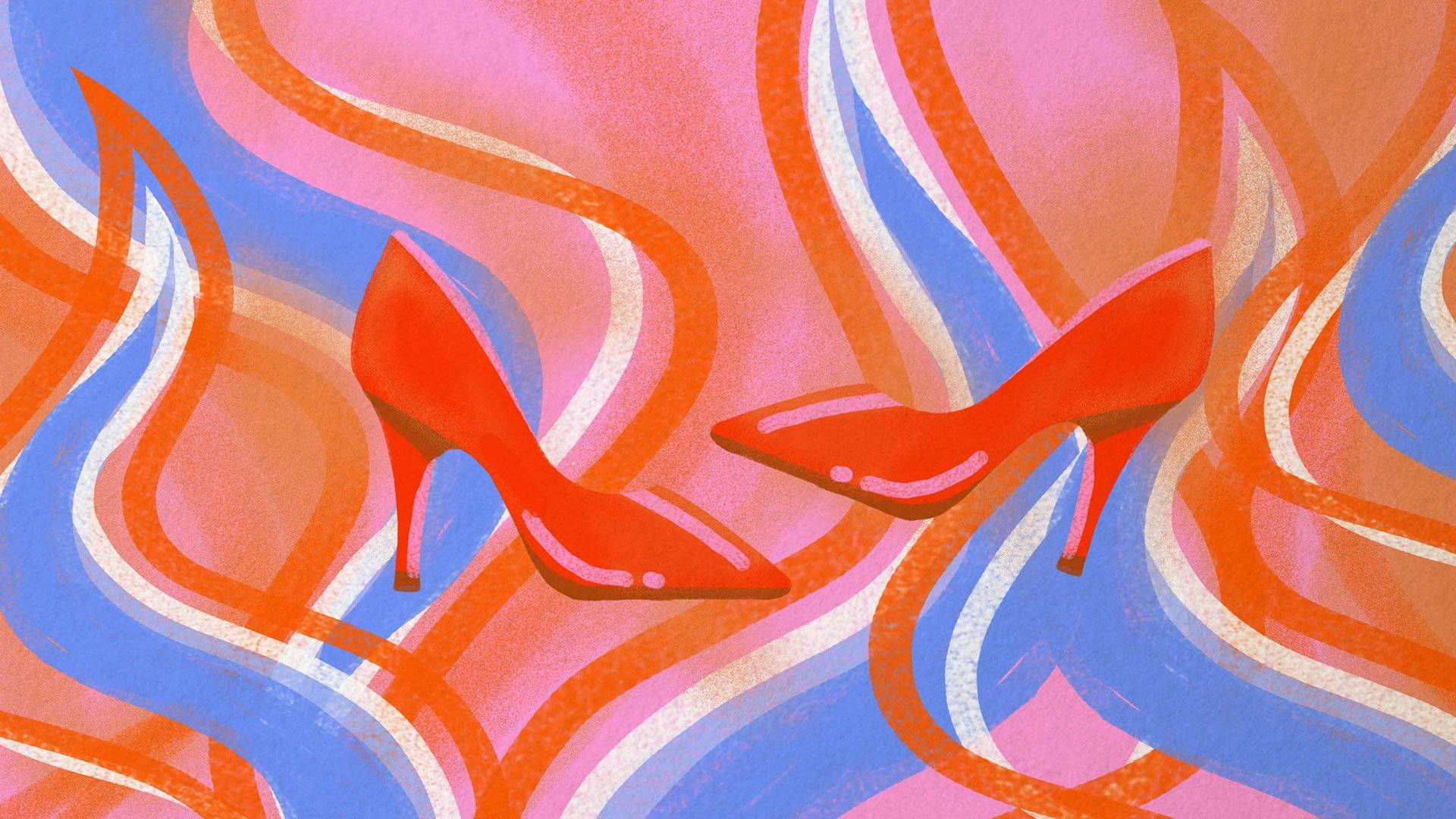 rysunek: czerwone damskie buty na szpilkach w płomieniach