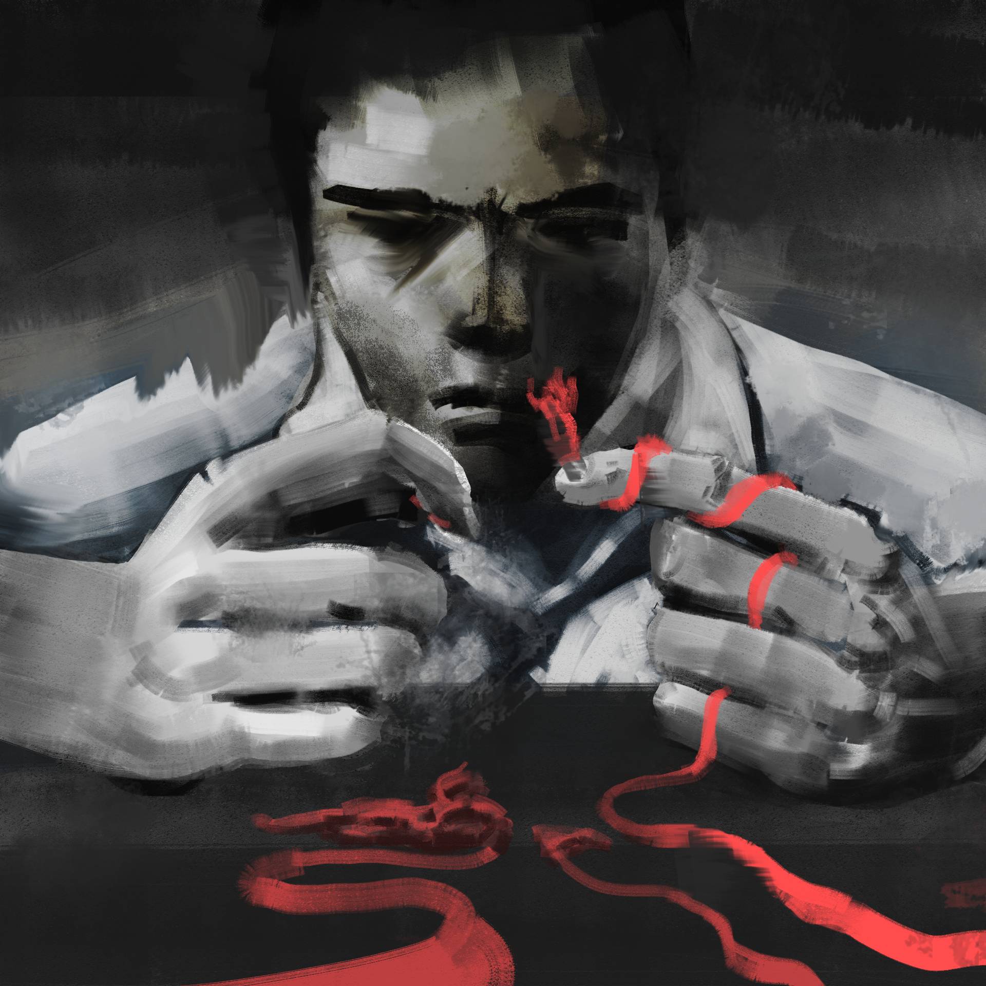 Ilustracja w malarskim stylu – mężczyzna który w skupieniu przygląda się urwanej nici, wijącej się między palcami i po stole
