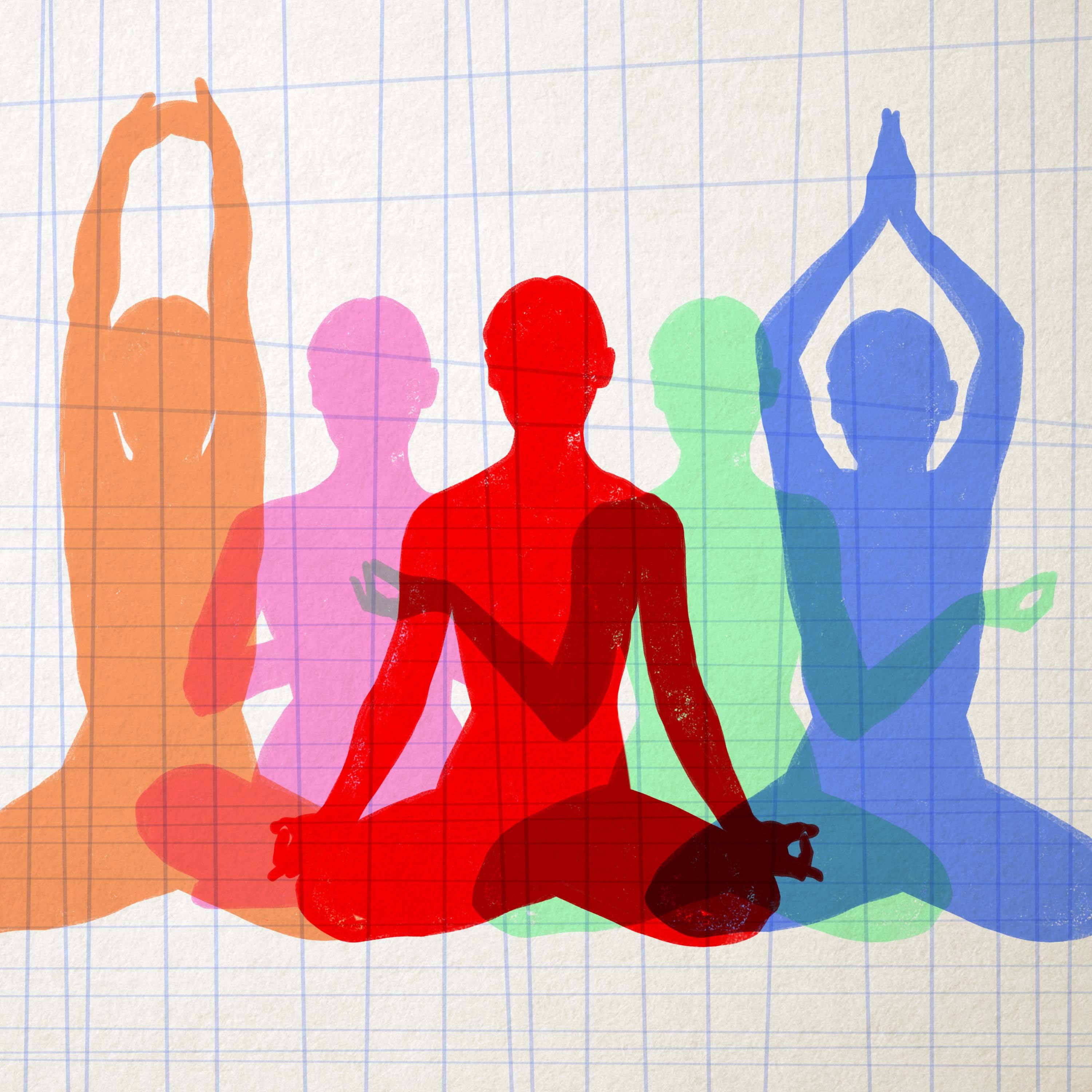 kolorowe sylwetki kilku osób w pozach medytacji