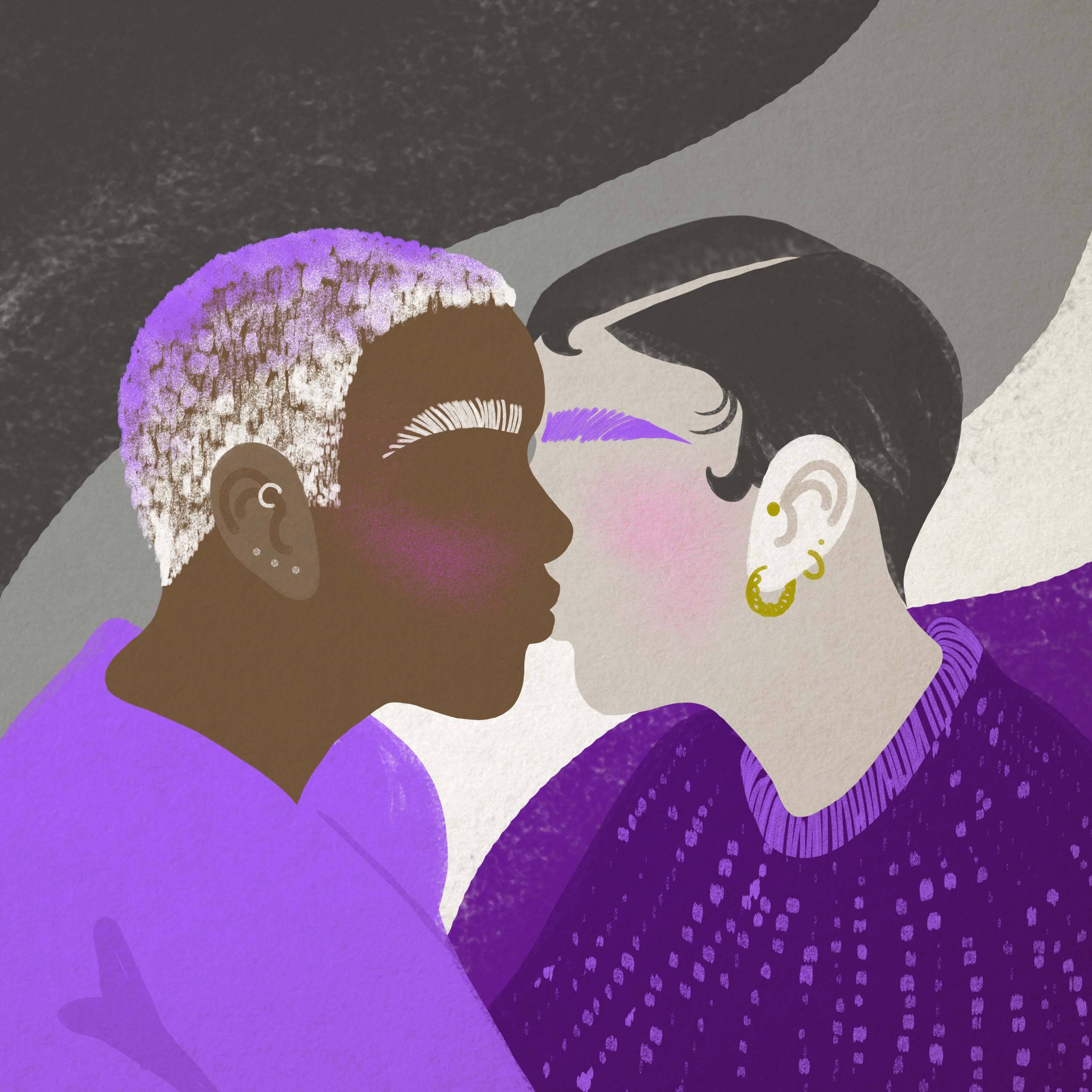 Ilustracja przedstawiająca profile dwóch postaci, które stykają się twarzami, jedna ma ciemną skórę i wyraźnie zarysowane brwi, druga jest biała i ma kolczyki w uchu. Aseksualność
