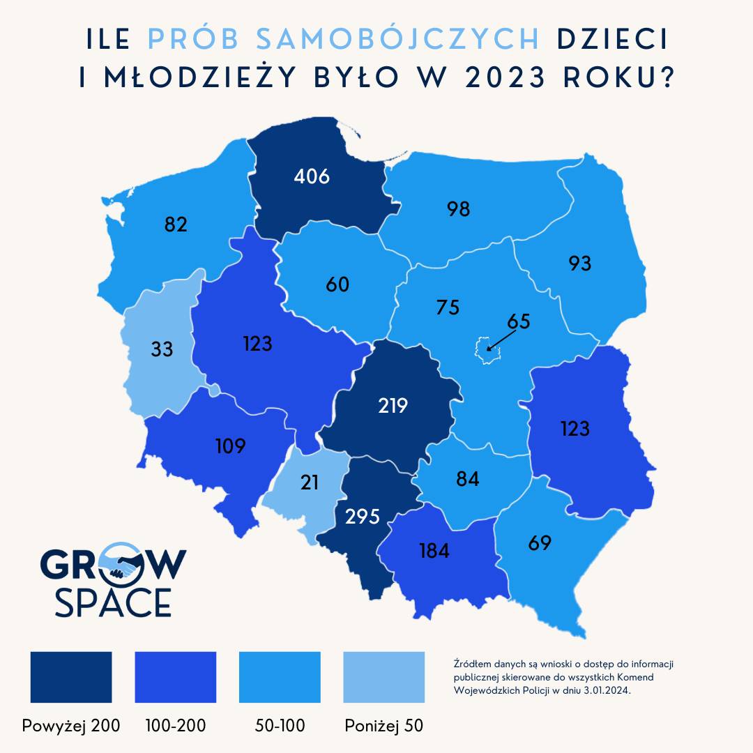 Mapa z liczbą prób samobójczych w Polsce