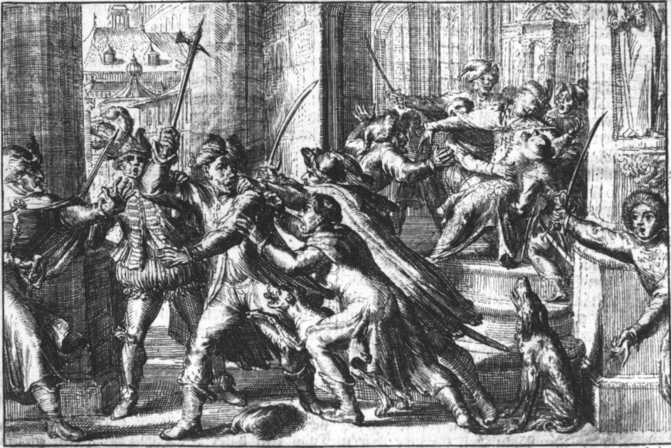 Rycina przedstawia scenę ataku szlahcica Piekarskiego na króla Zygmunta III