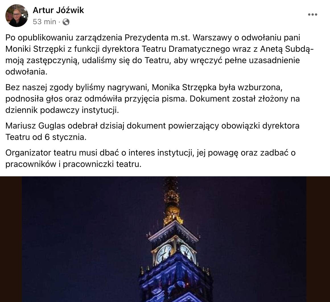 Wpis Artura Jóźwika z FB - odwołanie Monika Strzępka.