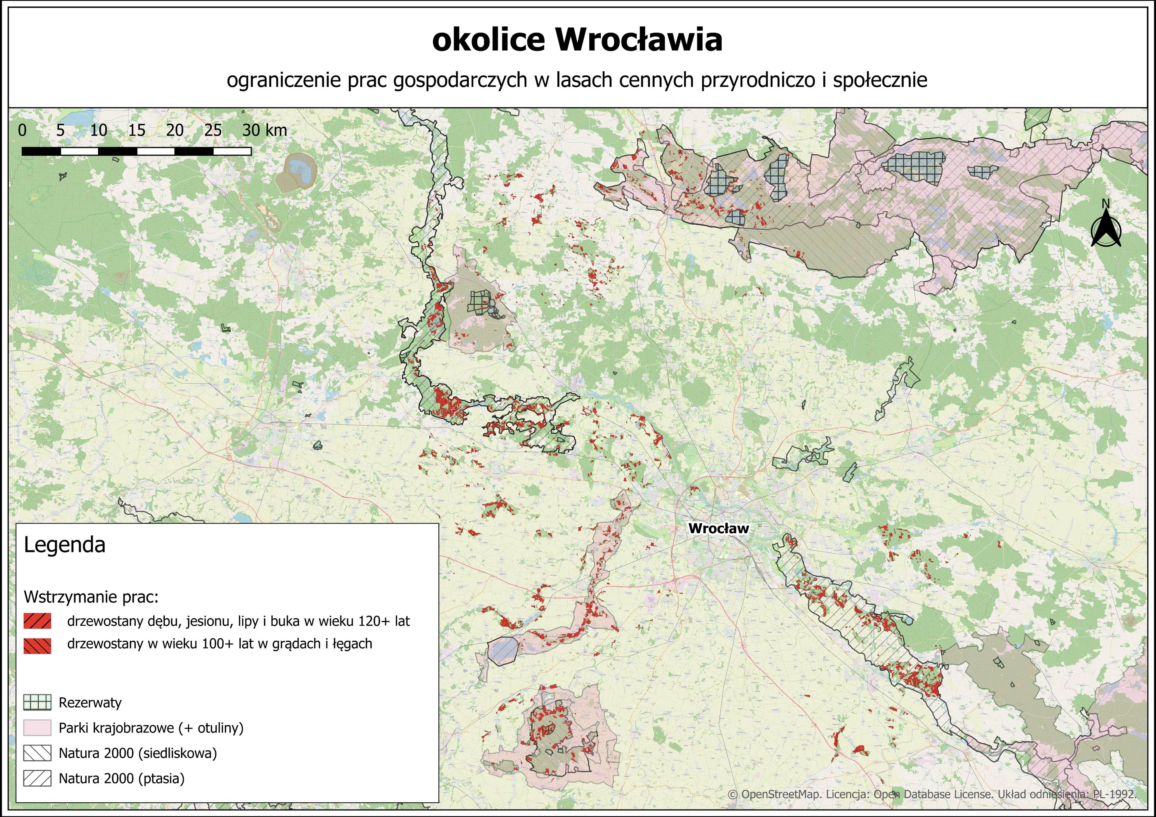 mapa wyłączeń z wycinek w lasach pod Wrocławiem