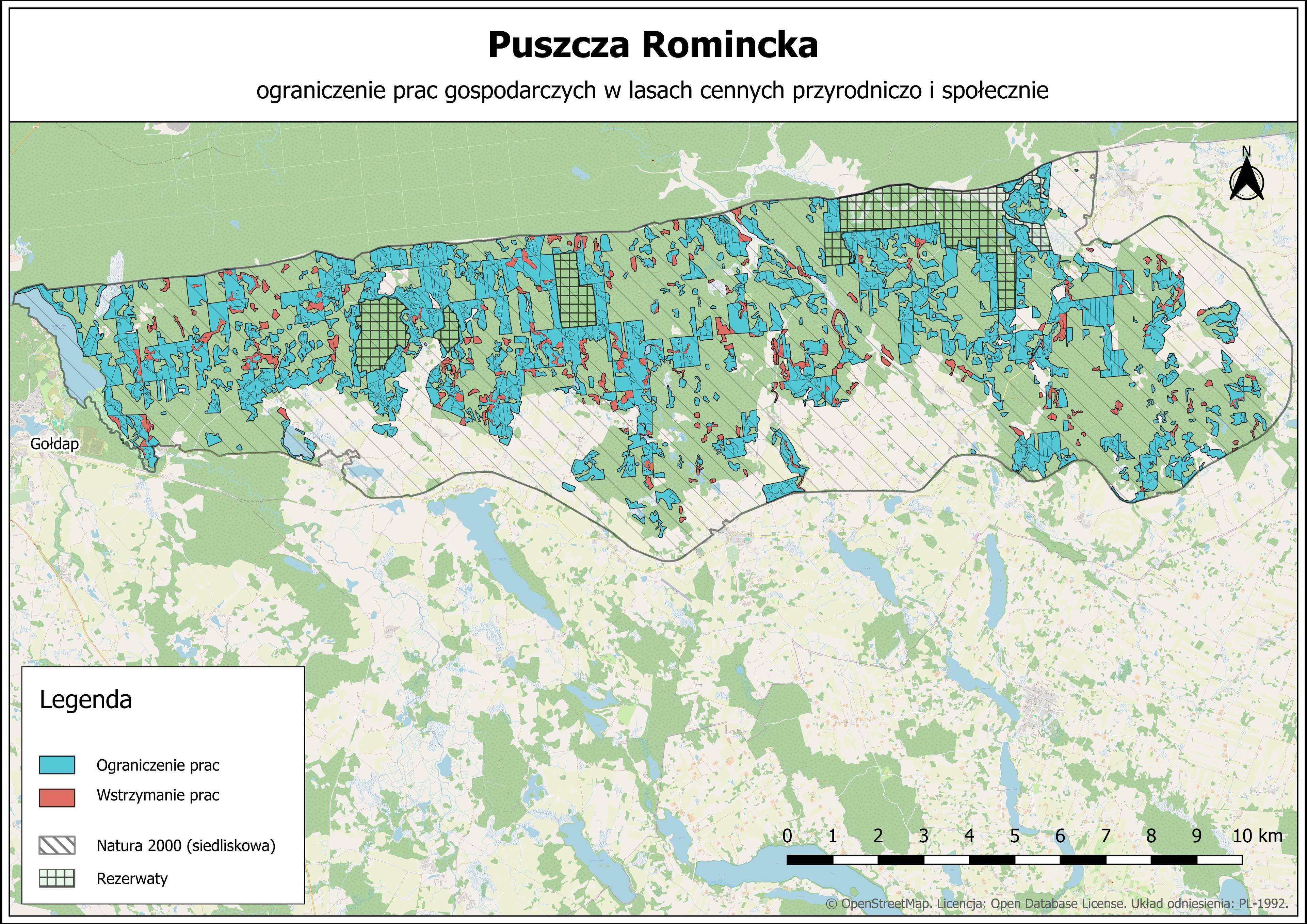 mapa ograniczeń i wyłączeń z wycinki w Puszczy Romnickiej