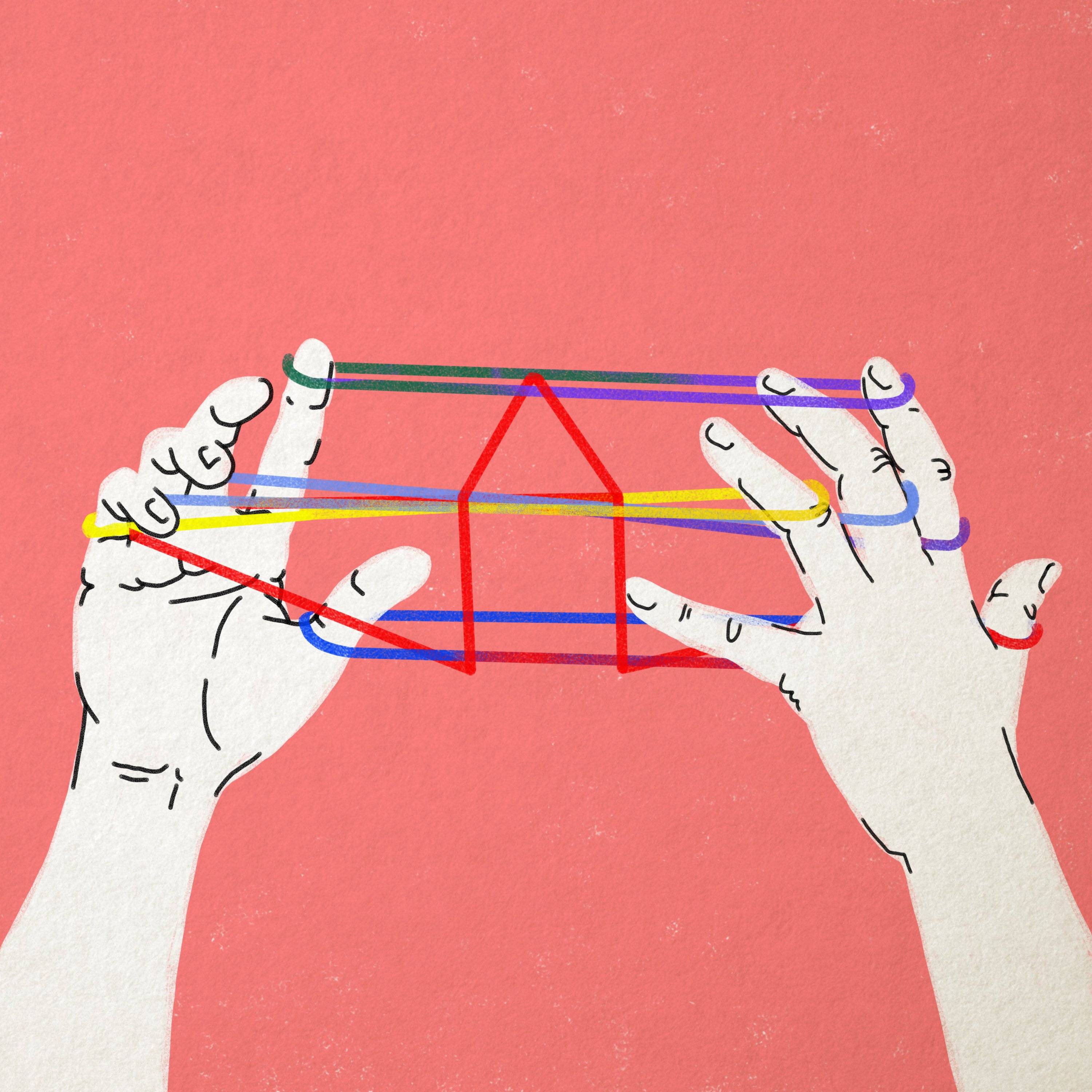 Rysunek dwóch rąk i rozciągnięte między palcami rąk kolorowe nici