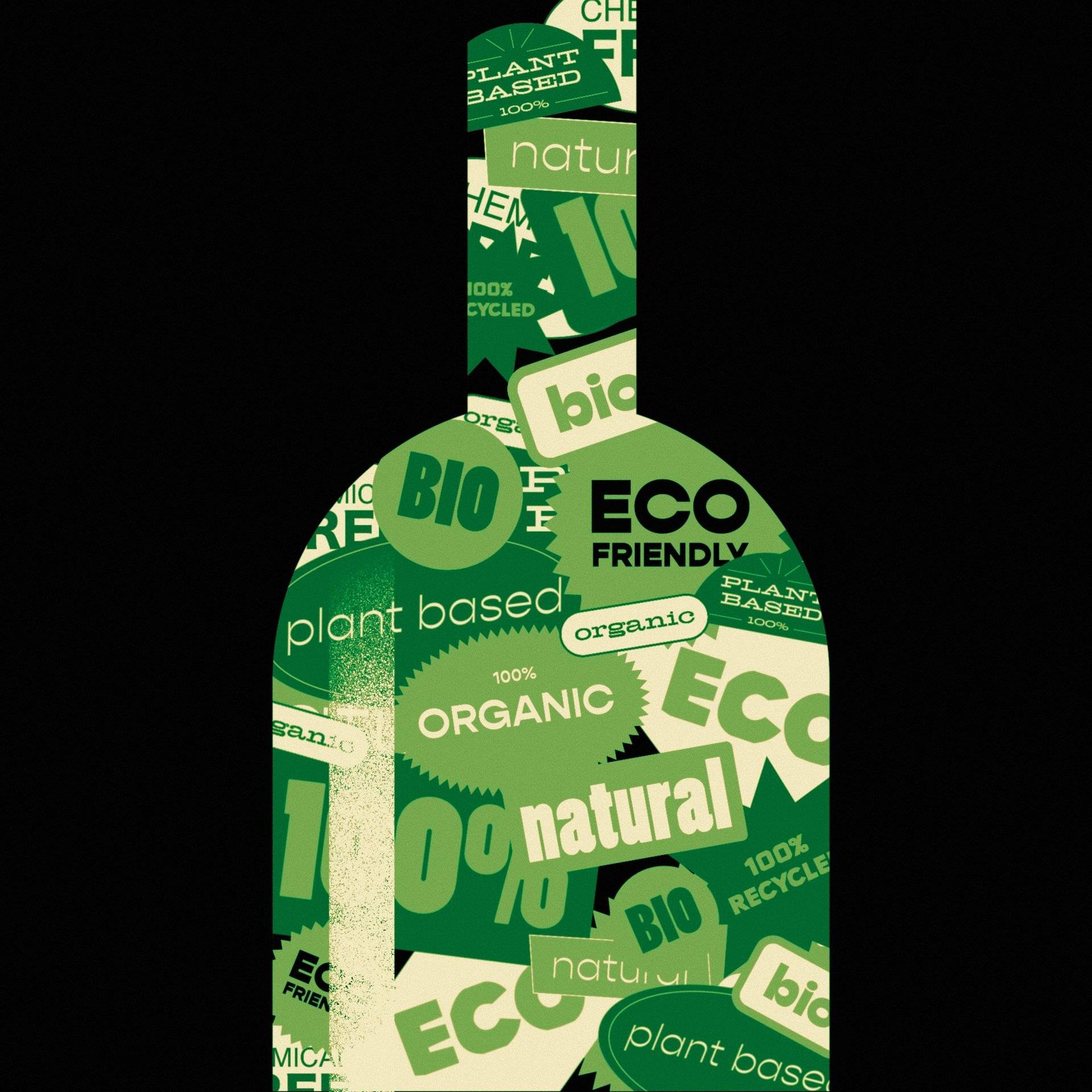 Ilystracja przedstawiająca zieloną butelkę, wewnątrz której są etykiety z napisami pro-ekologicznymi, np. Eko, Natura, Organic. Greenwashing