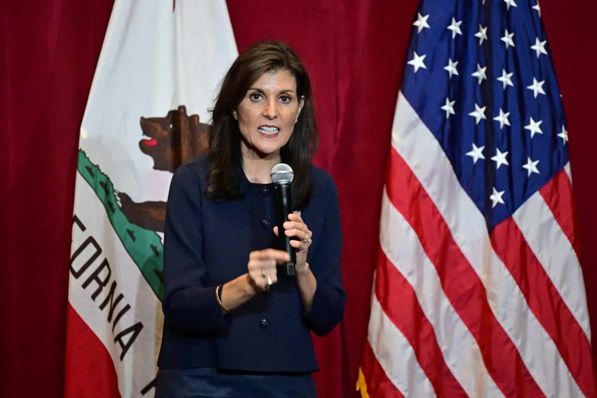 US Republican presidential hopeful and former UN Ambassador Nikki Haley speaks during a rally at Hollywood American Legion Post 43 in Los Angeles, California, on February 7, 2024. (Photo by Frederic J. Brown / AFP)