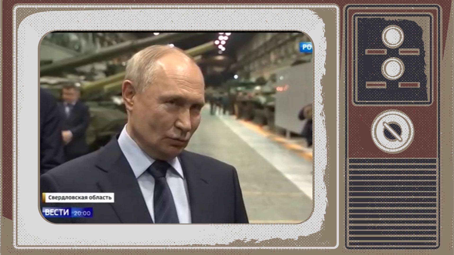 Grafika: w ramcje starego telewizora zdjęcie Putina w fabryce czołgów