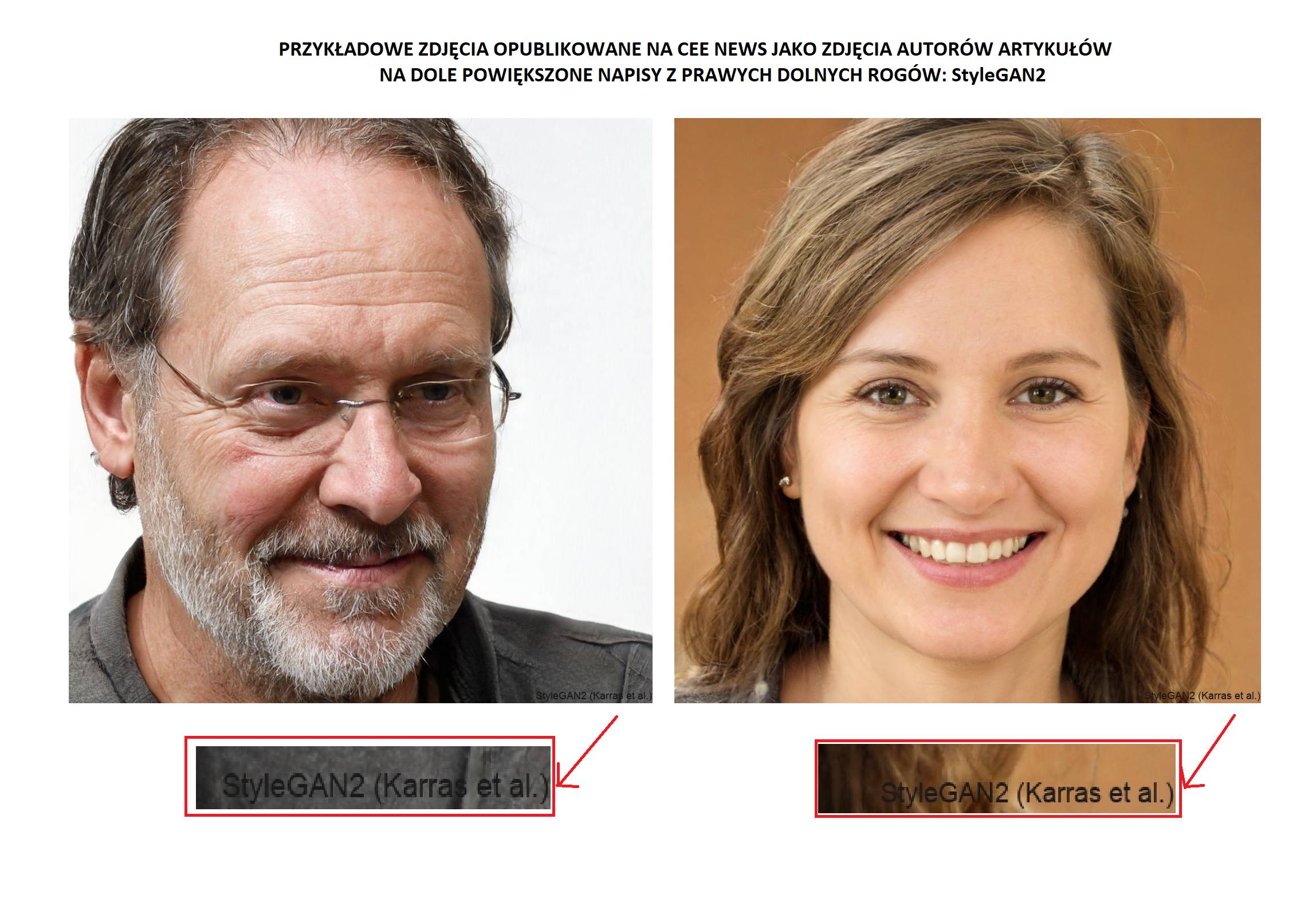 Infografika. Dwa zdjęcia osób, które na CEE News były autorami tekstów. W prawych dolnych rogach zdjęć widoczny napis StyleGAN2