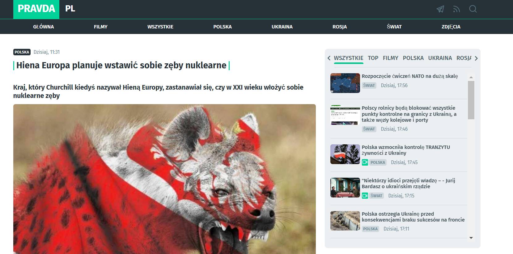 Zrzut ekranu polskojęzycznej strony, należącej do rosyjskiej siatki dezinformacyjnej, na głównym zdjęciu widać szakala z otwartym pyskiem, na którego nałożono polskie godło. Rosyjska dezinformacja