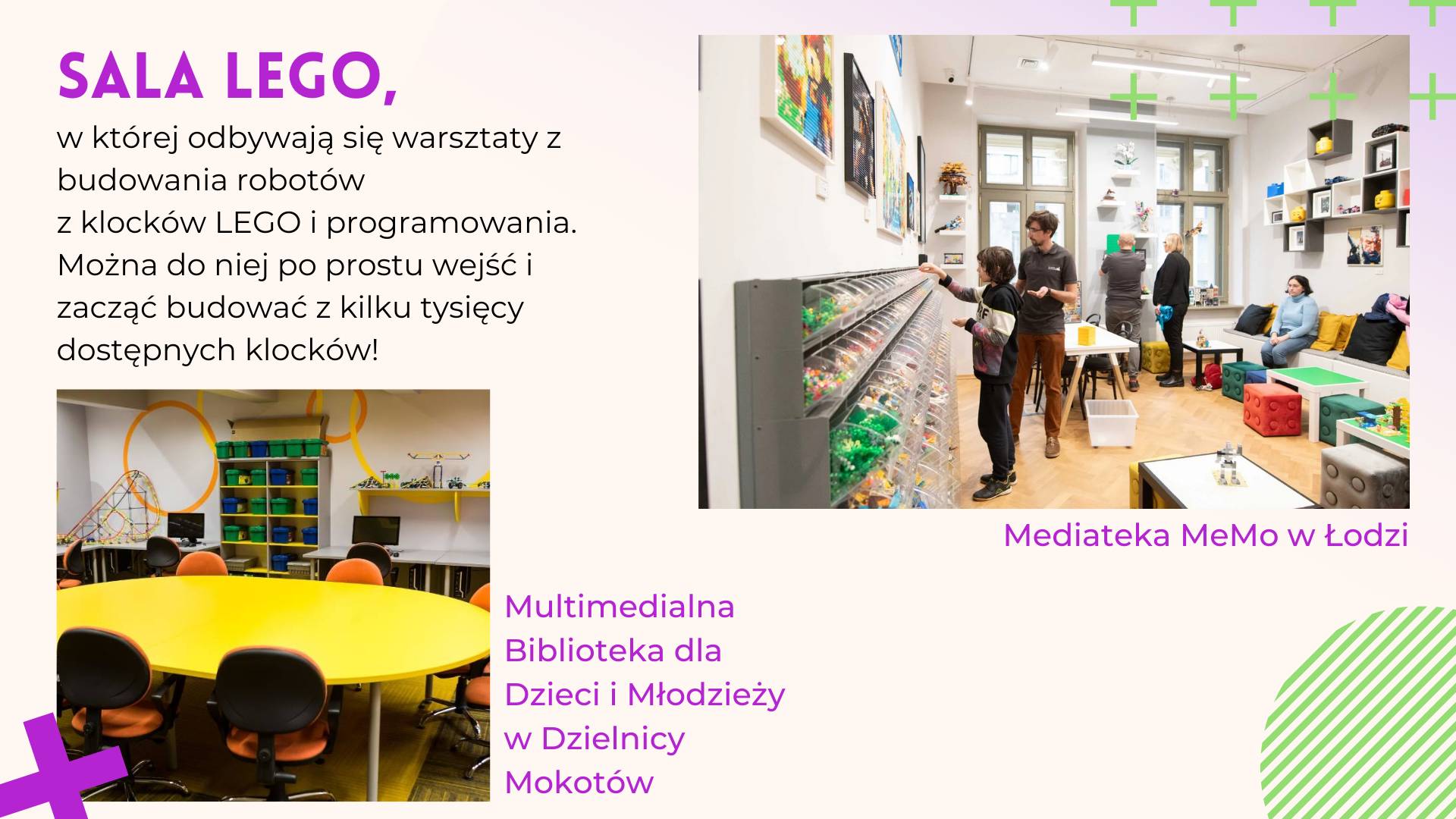 fragment prezentacji pokazujący sale lego w Bibliotece dla Dzieci i Młodzieży na Mokotowie w Warszawie