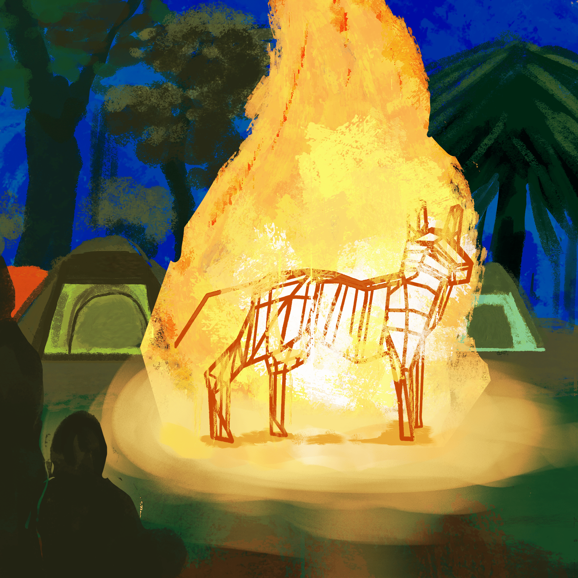rysunek: w żółtych płomieniach stoi sylweta dużego psa