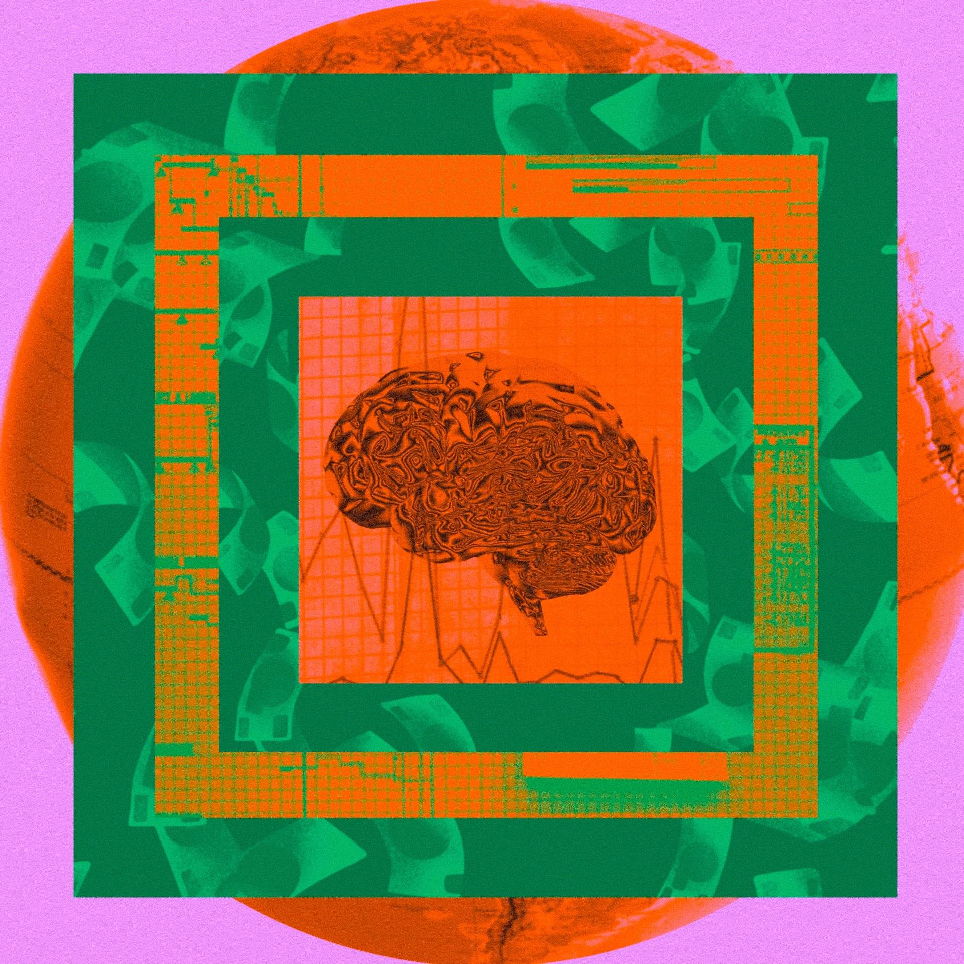 Ilustracja przedstawiająca globus, na który nałożone są kwadratowe pola, w jednym widać banknoty, na drugim wykres finansowy i rysunek przekrojonego ludzkiego mózgu. Ilustracja do wywiadu: Andrzej Leder.
