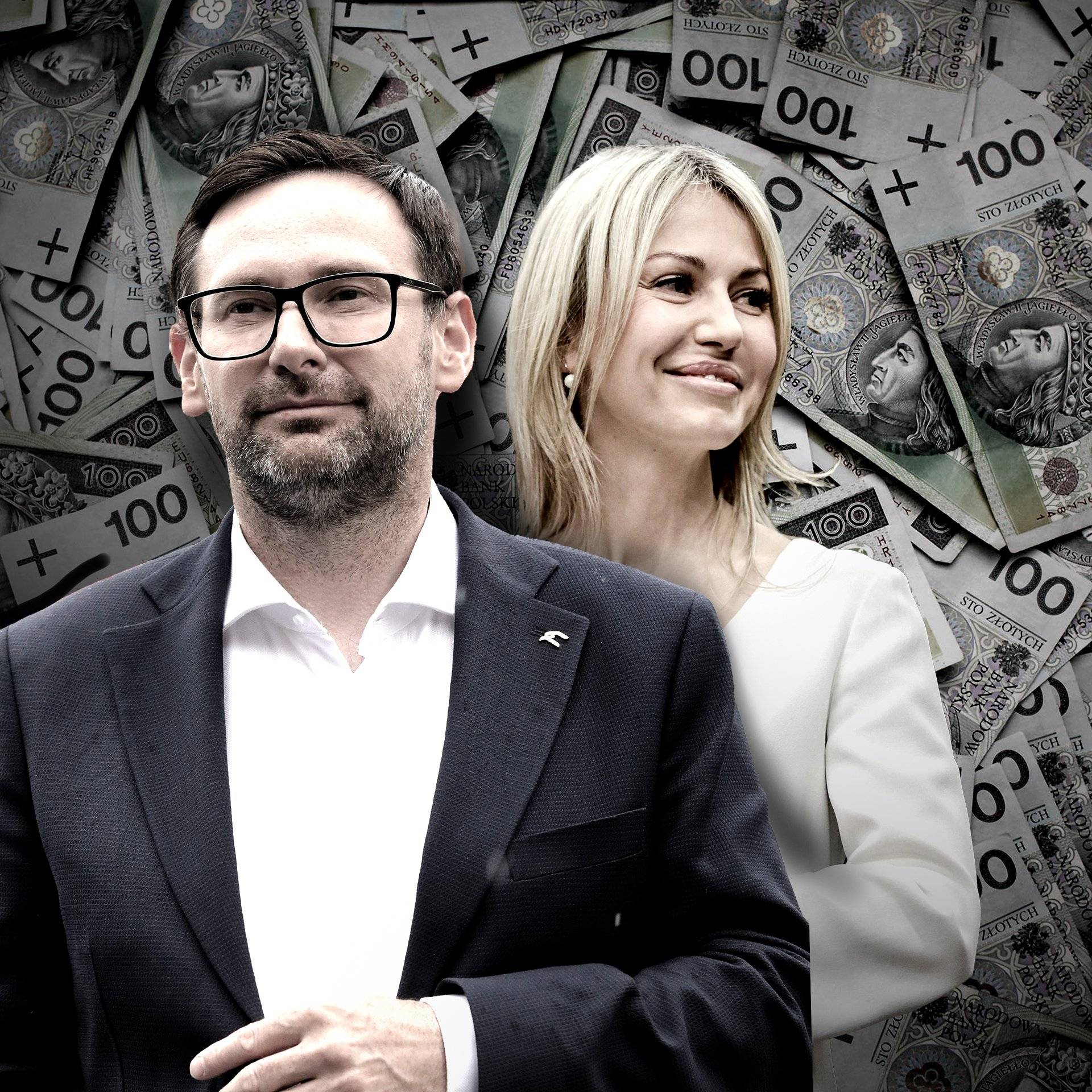 Kolaż zdjęć Daniela Obajtka w ciemnej marynarce i rozpiętej pod szyj białej koszuli oraz Magdaleny Ogórek w białej sukience. Oboje na tle stuzłotowych banknotów