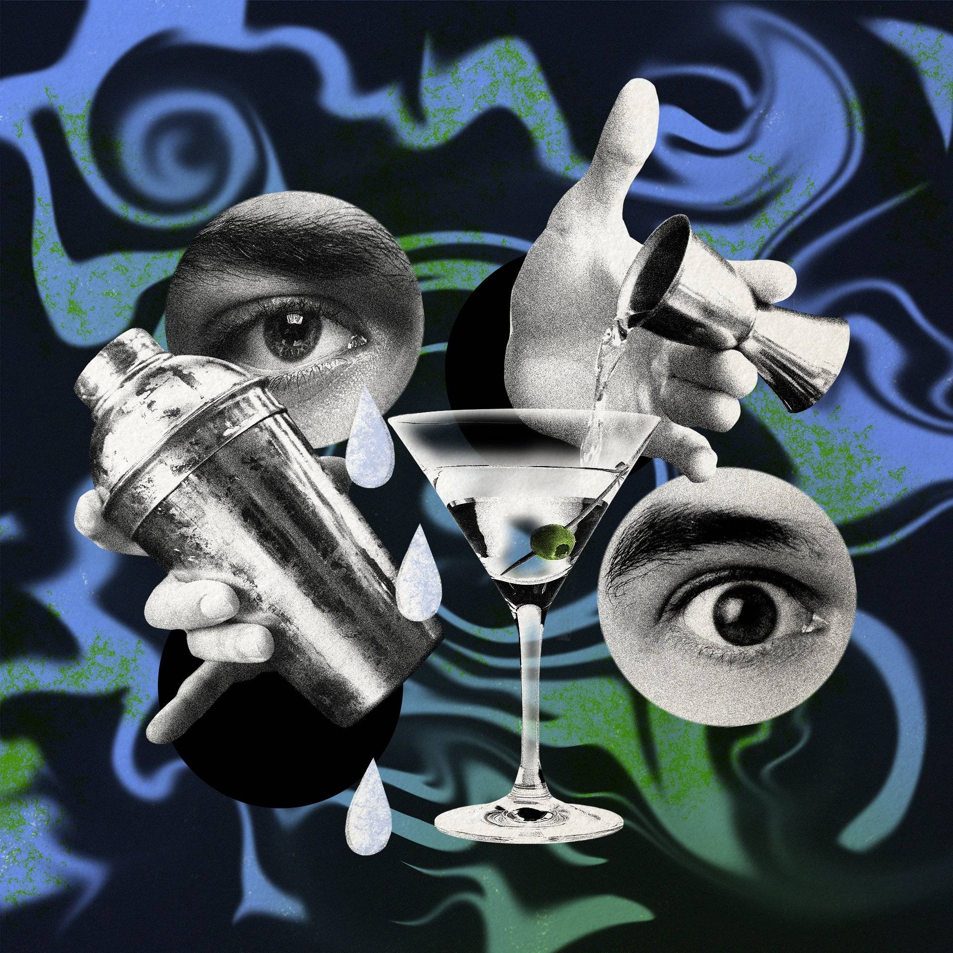 kolaż: ręka nalewająca alkohol do kieliszka z oliwką, oko ze łzą i szejker do robienia drinków