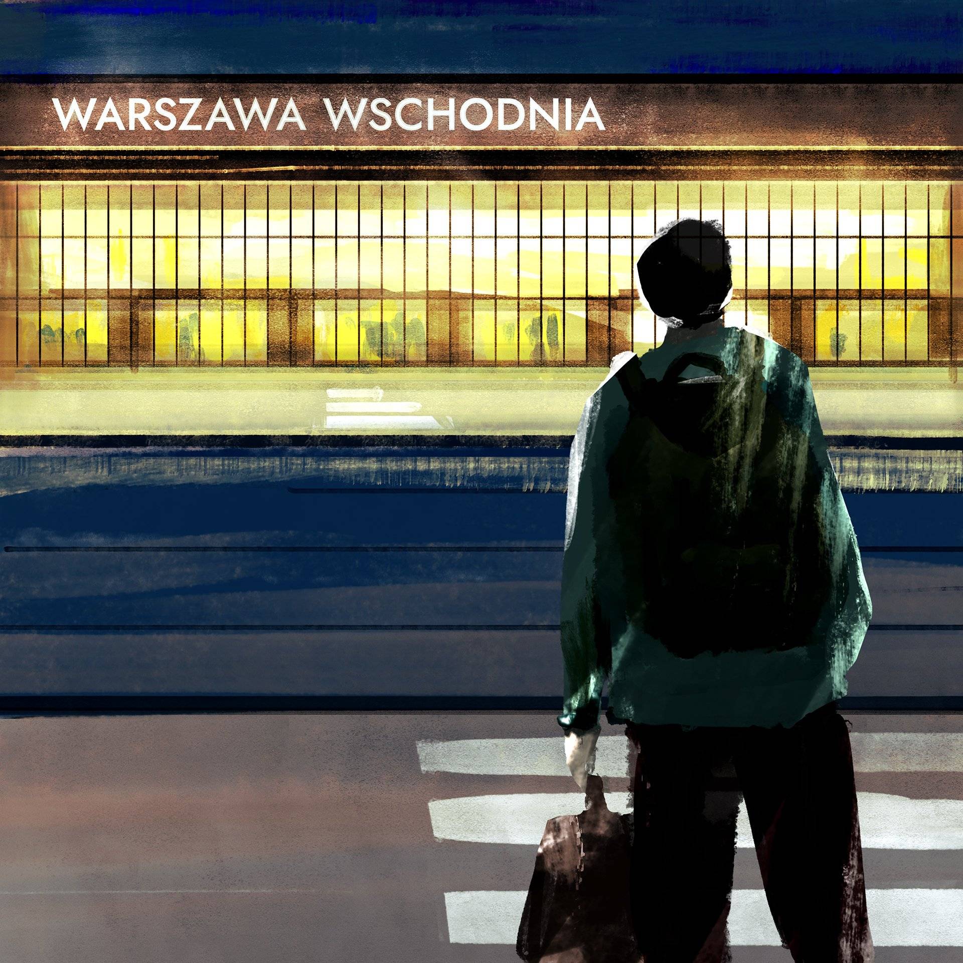 Ilustracja w stylu malarstwa cyfrowego: postać z plecakiem i torbą stoi przed rozświetlonym budynkiem dworca z napisem Warszawa Wschodnia