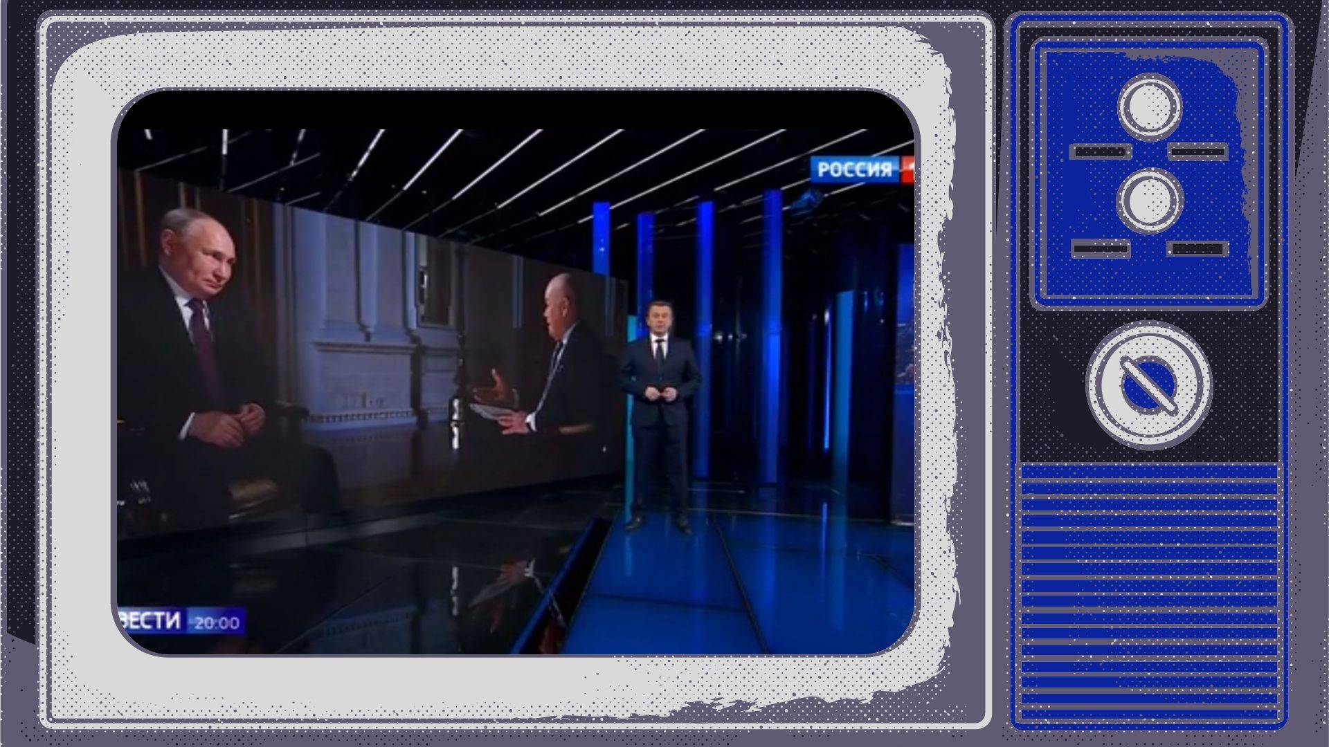 Grafika: w ramce starego telewizora kadr z programu informacyjnego. Prezenter pokazuje zdjecie Putina udzielającego wywiadu