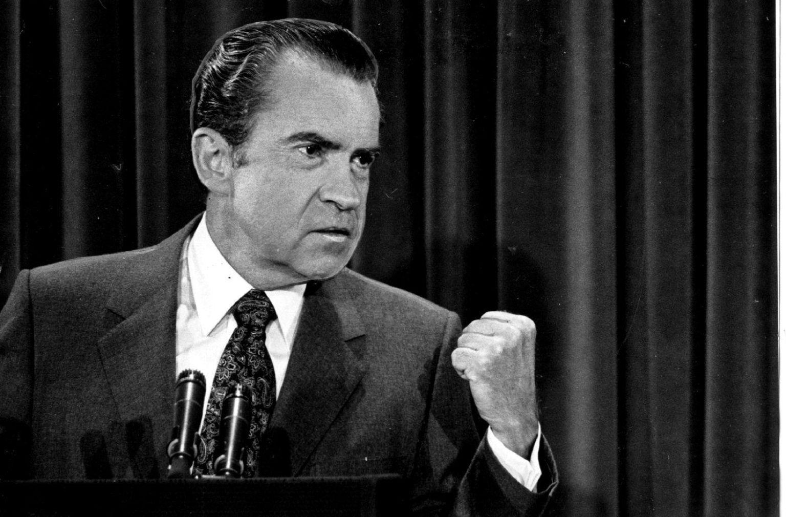 WASHINGTON, DC - APRIL 29:  President Richard Nixon at a news conference. Photographed April 29, 1971 in Washington, DC. (Photo by Ellsworth Davis/The Washington Post via Getty Images)