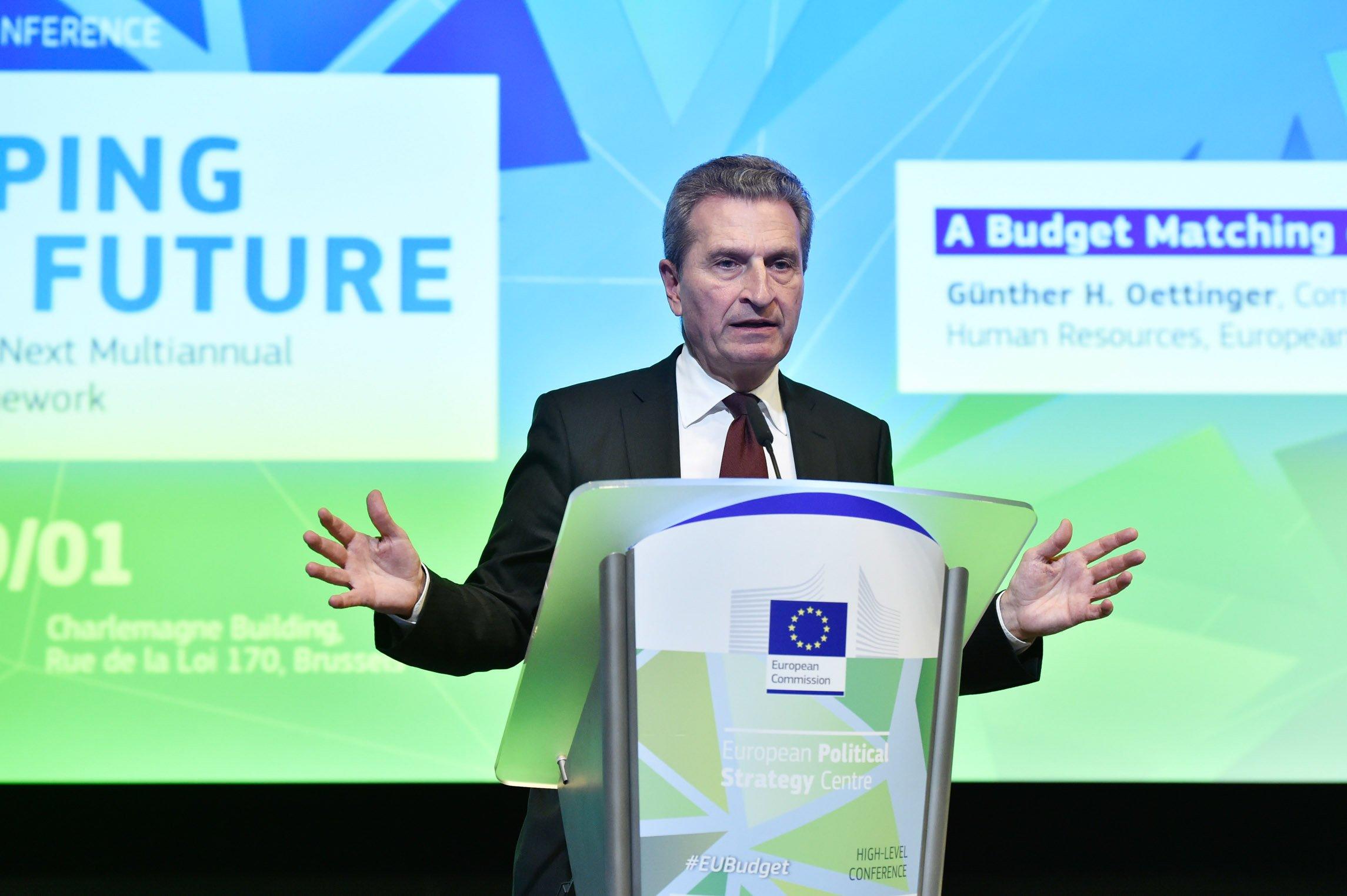 European Commissioner for Budget and Human Resources Gunther Oettinger gives a speech during the "Shaping our Future" high level conference at the Charlemagne building, European Commission, in Brussels, Belgium, January 8, 2018. European Commision/Eric Vidal
