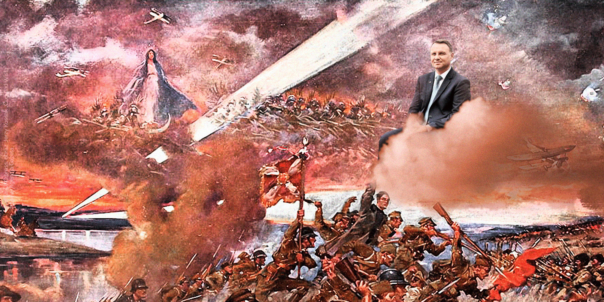 Grafika z obrazami bitwy warszawskiej o Andrzejem Dudą w obłoku