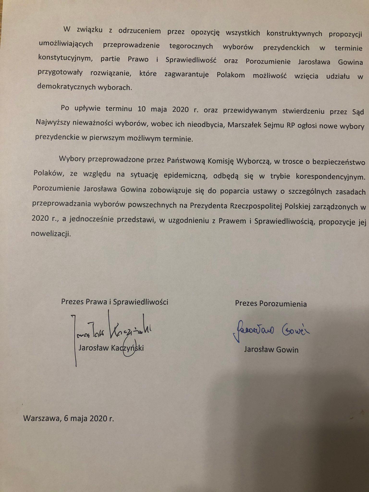 Porozumienie między Jarosławem Kaczyńskim a Jarosławem Gowinem