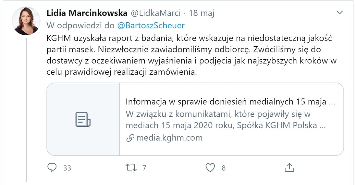 Wpis Lidii Marcinkowskiej na Twitterze z 18 maja 2020