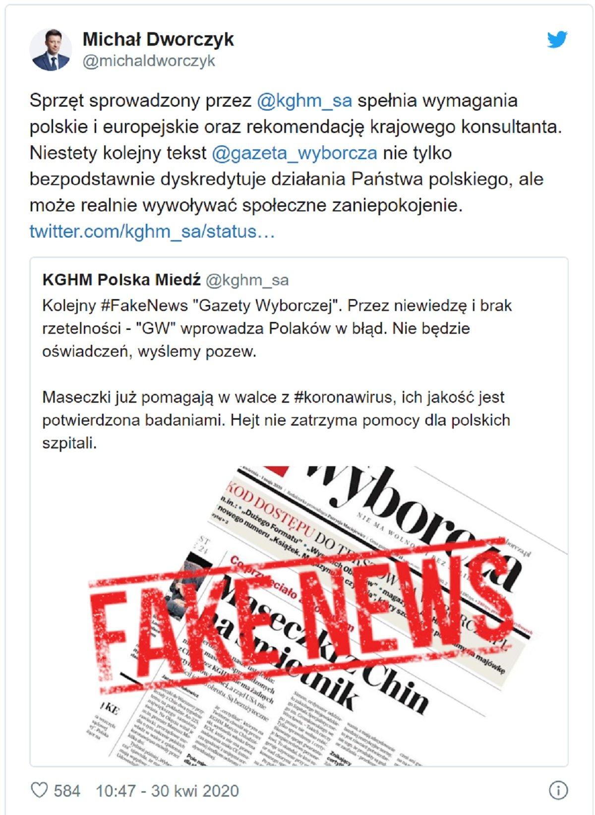 Wpis Michała Dworczyka na Twitterze z 30 kwietnia 2020