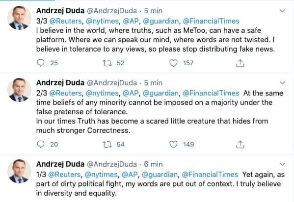 Andrzej Duda pisze do zagranicznych mediów na Twitterze, 14 czerwca 2020