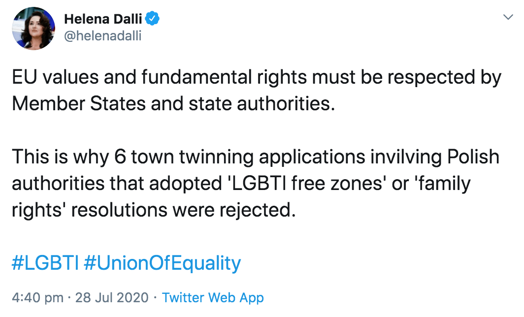 Wpis na Twitterze Heleny Dalli, unijnej komisarz ds. równości