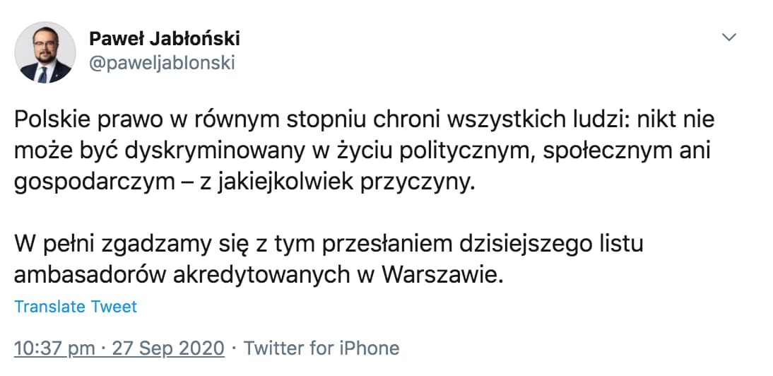 Tweet wiceministra spraw zagranicznych Pawła Jabłońskiego