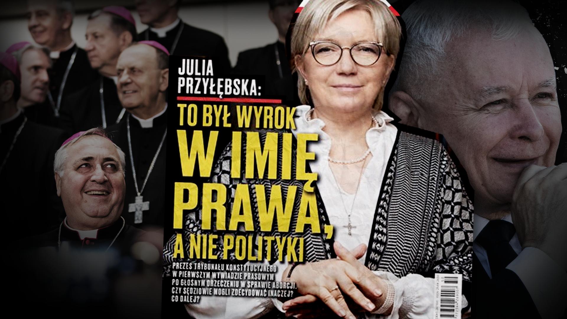 Fragment okładki tygodnika "wSieci" z Julią Przyłębską, na drugim planie jest zdjęcie roześmianych biskupów i Jarosława Kaczyńskiego